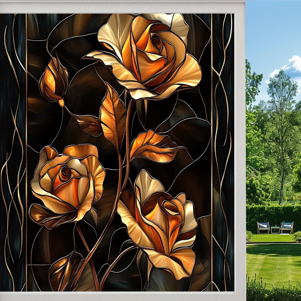 Gold Roses Stained Glass Window Film, Vintage Flower Plants Peel and Stick Privacy Film, Frosted Adhesive Vinyl Decorative for Bathroom Windows Glass Doors,（90x160cm）