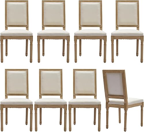 Juego de 8 sillas de comedor vintage francesas de campo, sillas de comedor de lino con respaldo cuadrado, silla de comedor tapizada beige, sillas