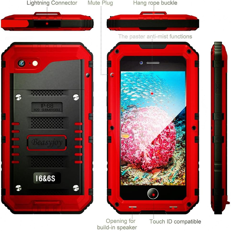 Creative Product Beasyjoy iPhone 6 Case iPhone 6s Metal Case Waterproof Heavy Duty Screen Military Grade Full Body Tough Durable Metal Cover Drop Proof Shockproof Rugged Defender for Outdoor Red
