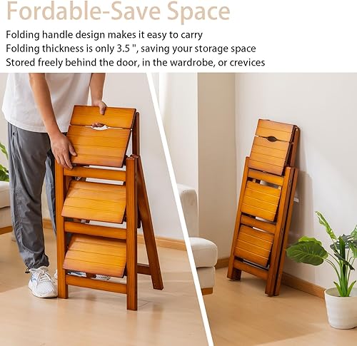 Miniatura 7 de Latifolia Escalera plegable de 3 escalones, taburete de madera con protector de suelo, estante decorativo para sala de estar, cocina, jardín (nogal)