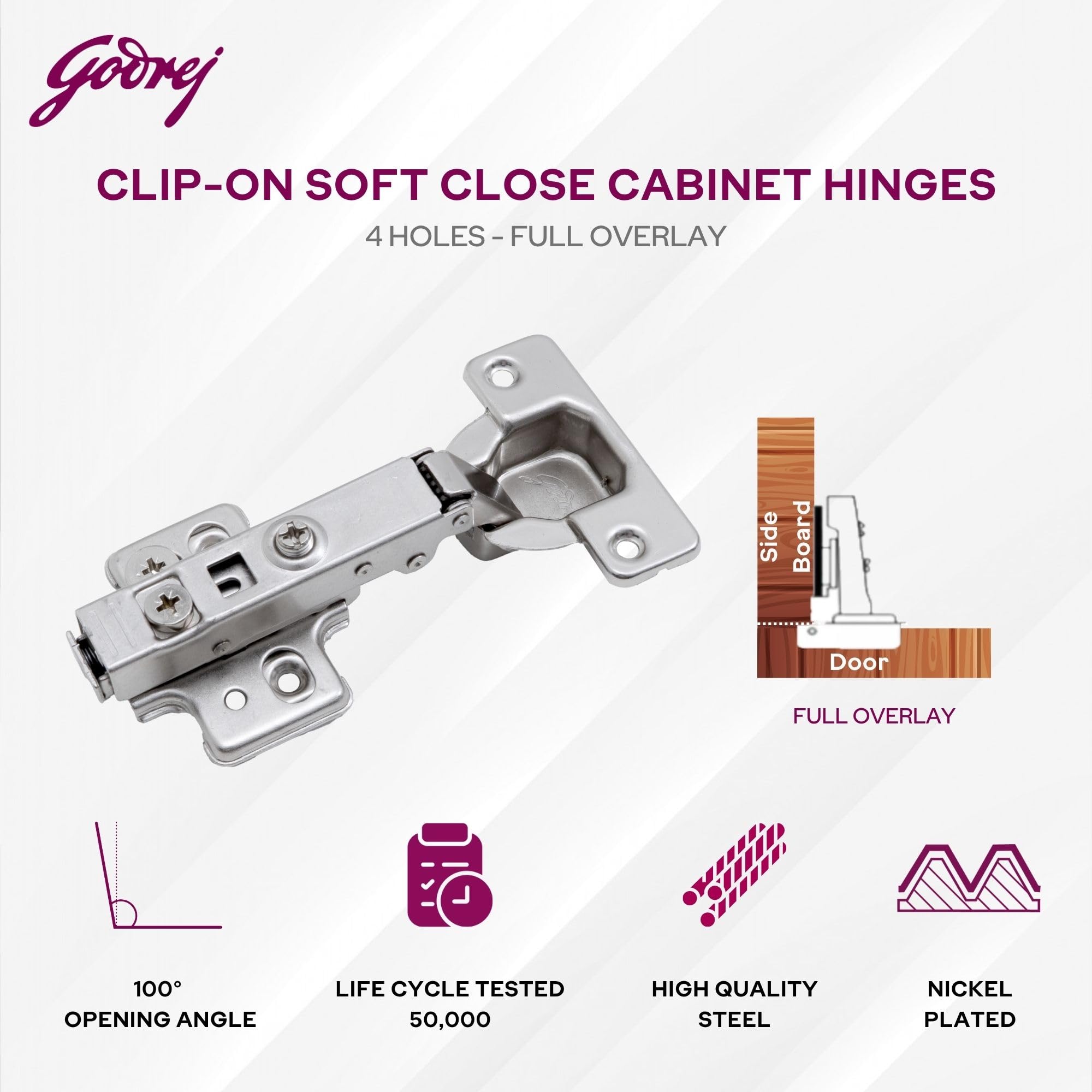 Godrej Cabinet Hinges | Soft Close | Clip On 3D | 4 Hole Full Overlay | Suitable for 14-20 mm Thick Panel | 105° Opening | Wardrobe, Kitchen, Bathroom | 1 Year Warranty — Amazon image 4
