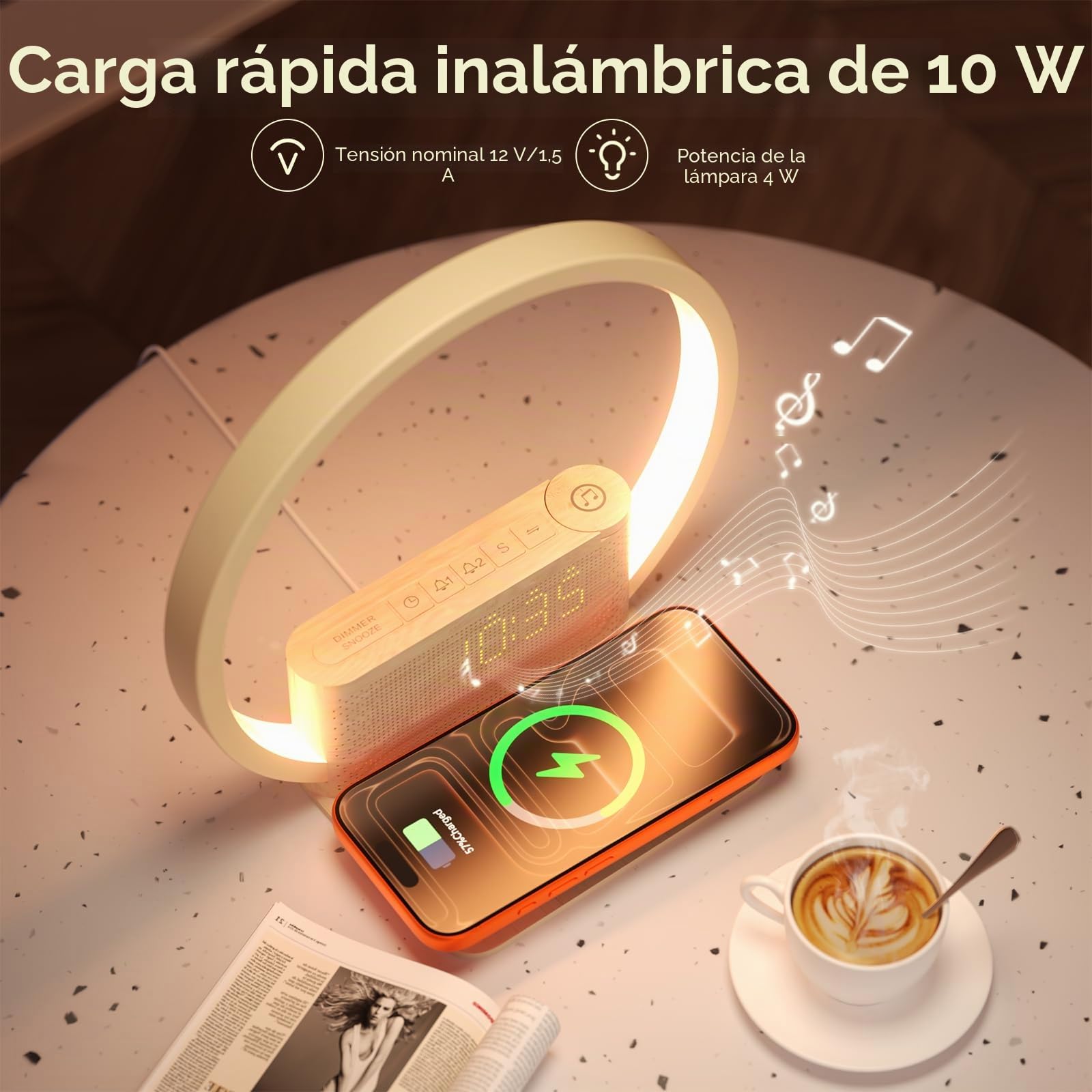 Vivilumens Sunrise - Despertador con cargador inalámbrico, máquina de sonido de ruido blanco con 10 sonidos, despertador con temporizador de 30/60/90 minutos, luz nocturna táctil de 3 niveles, relojes