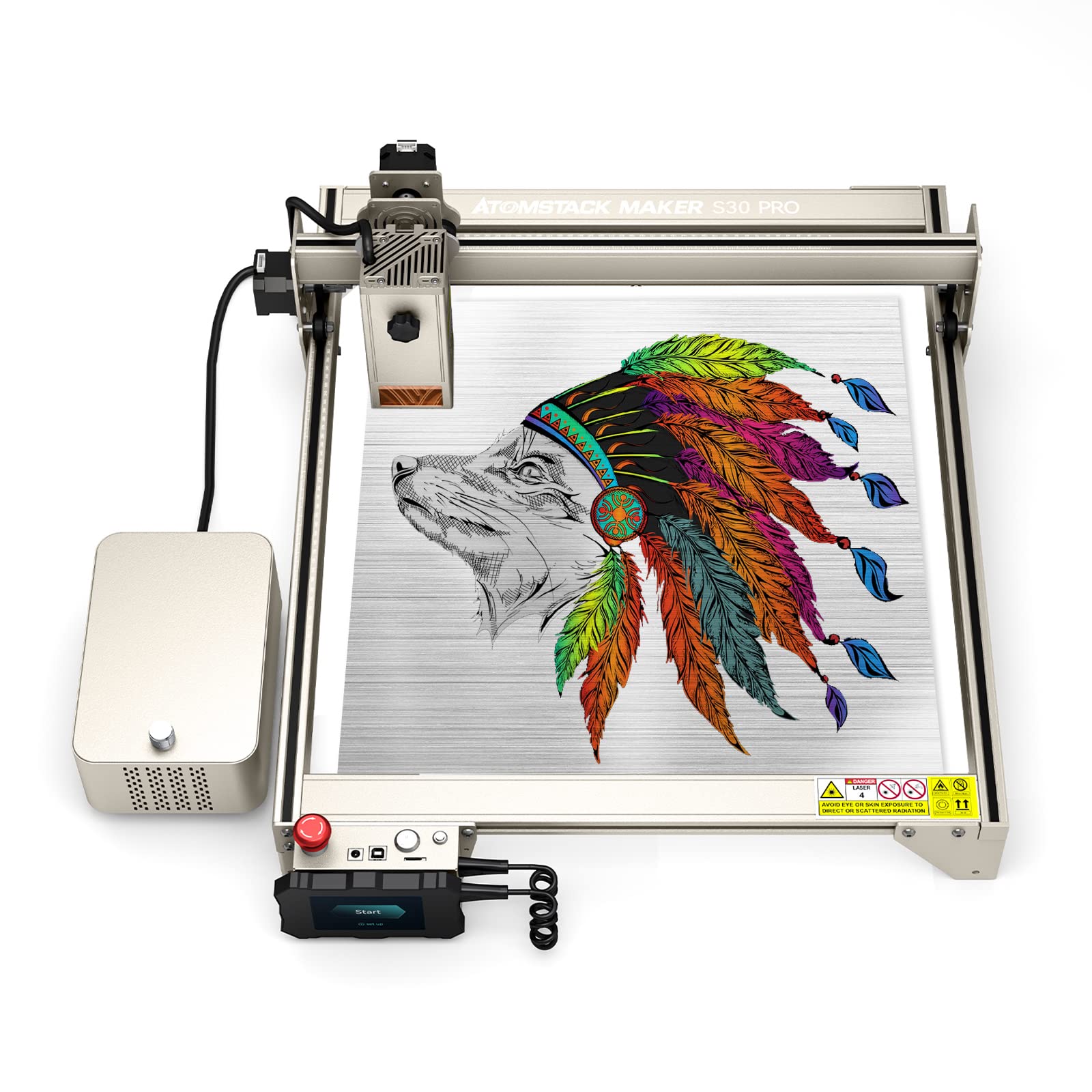 ATOMSTACK S30 PRO laser engraving machine,33W output power,160W machine power, 400x400mm engraving area, equip with dual-pump air assist, F3 protective panel, 400W CO₂ laser engraving machine effect