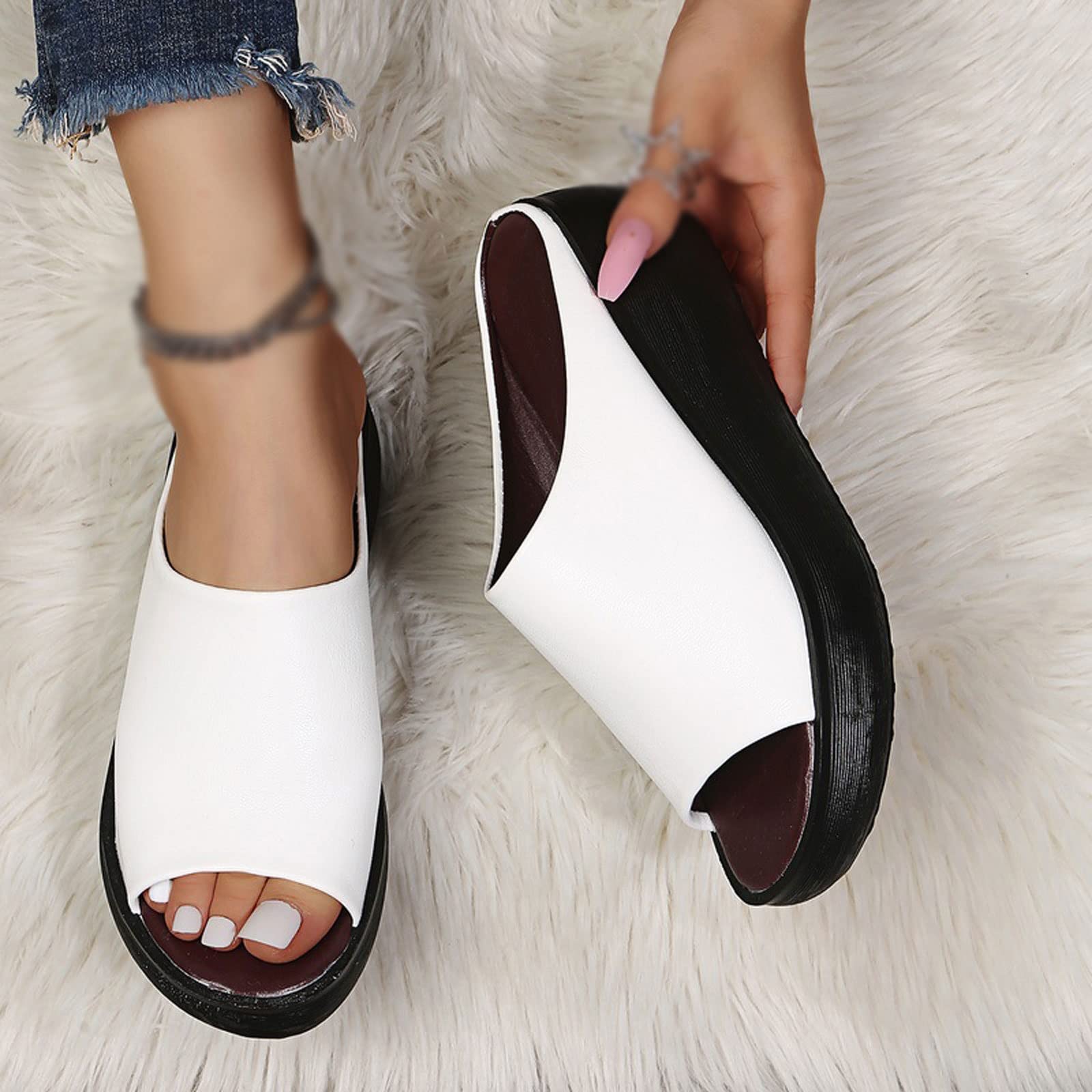 Ciabatte da Donna, estive, in Stile Etnico, con Zeppa e Bocca di Pesce, con Una Parola, con Fondo Spesso, Scarpe da Donna, Taglia Grande (Bianco 4,5 UK)