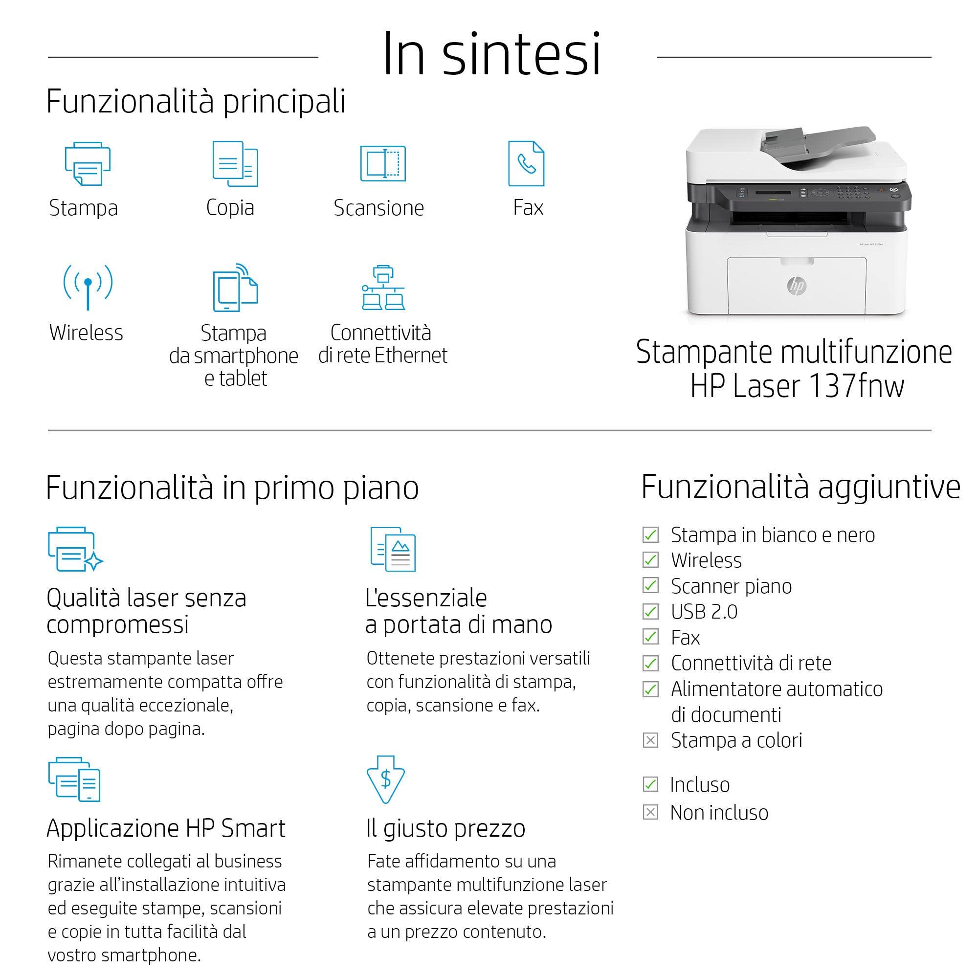 HP LaserJet MFP 137fnw 4ZB84A, Stampante Multifunzione A4, Stampa Fronte e Retro Manuale in b/n, 20 ppm, USB, Wi-Fi, Ethernet, Fax, ADF, Schermo LCD a 2 righe con tastierino, Bianca