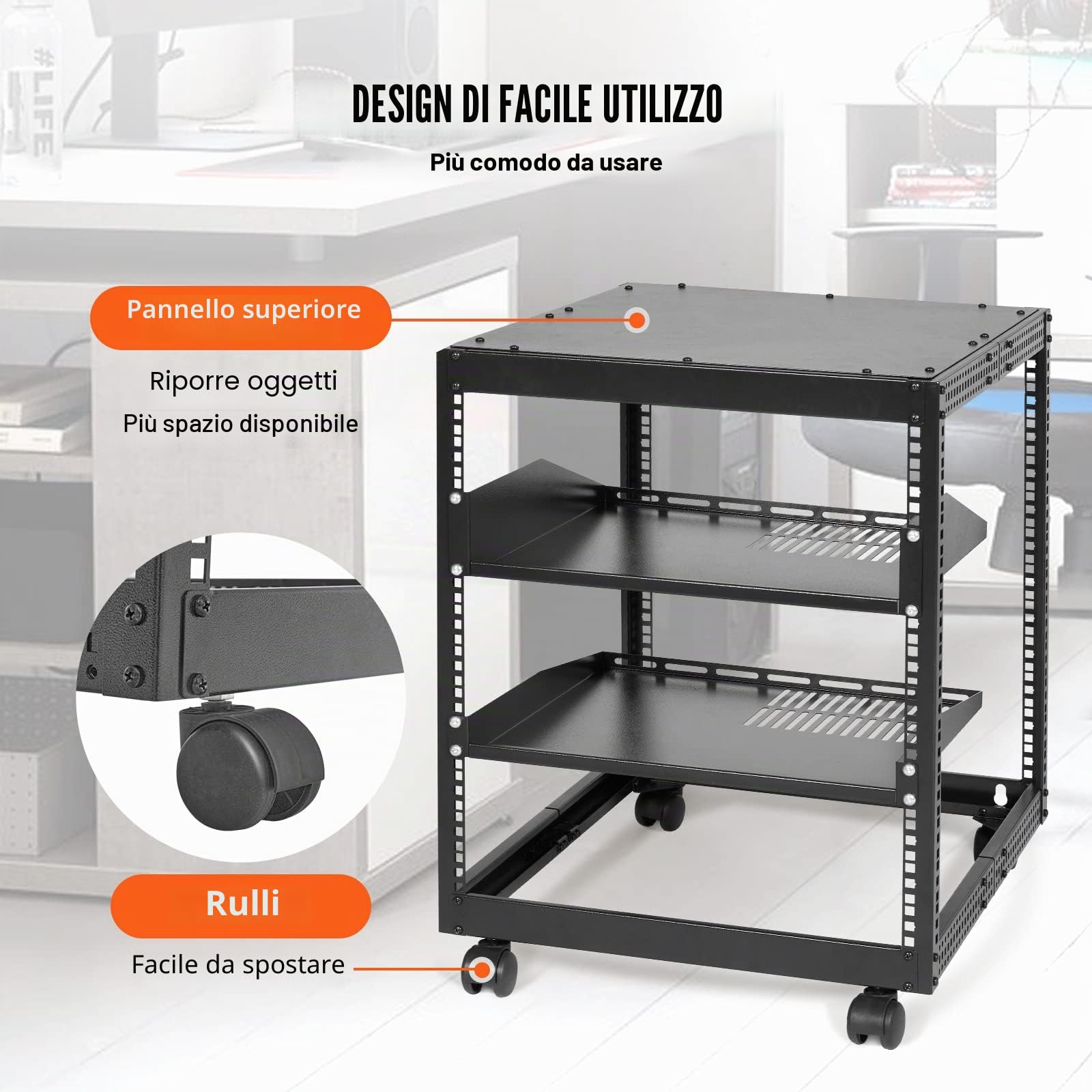 VEVOR Server Rack a Telaio Aperto 12U, Profondità Regolabile da 15''-40'', Server di Rete Rack da Autoportante o con Montaggio a Parete, Rack AV a 4 Posti con Ruote