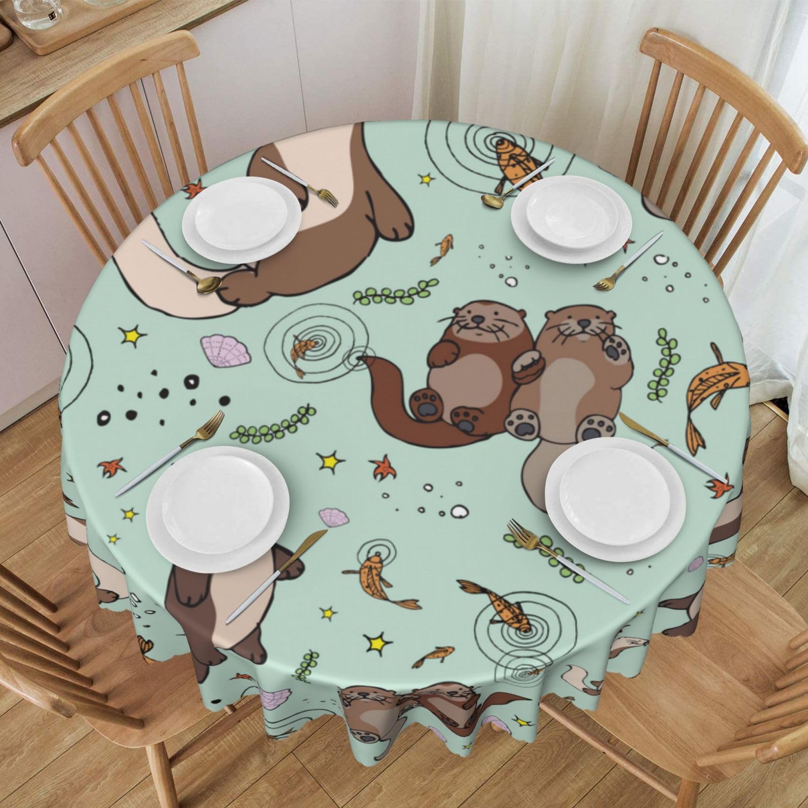 DCEHGEW 60 In Round Tablecloth with Lace, Otters Printed Oilproof & Washable Fabric Picnic Table Cloth Table Covers