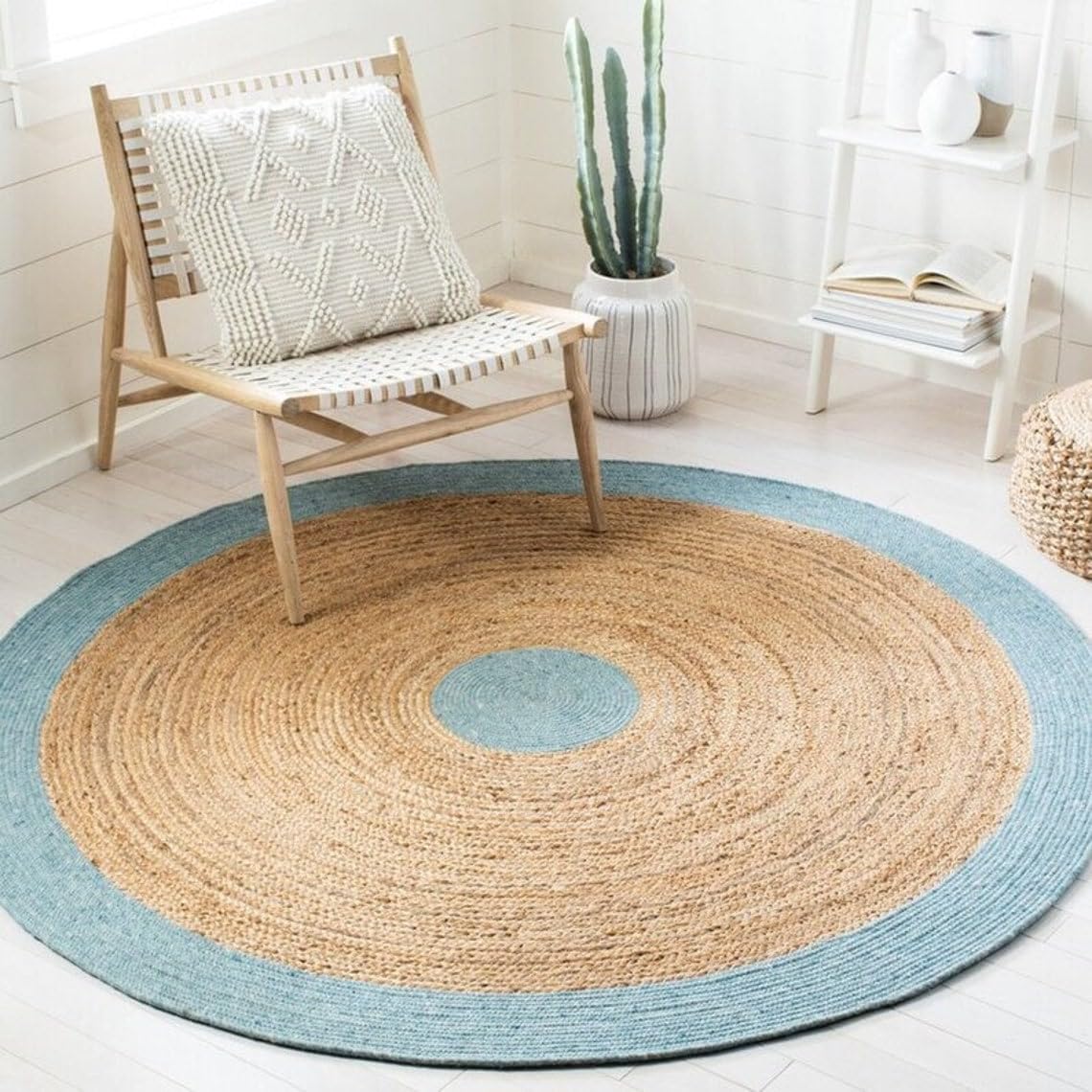 Tapis rond en jute bleue et fibre naturelle tissé à la main de 120 cm