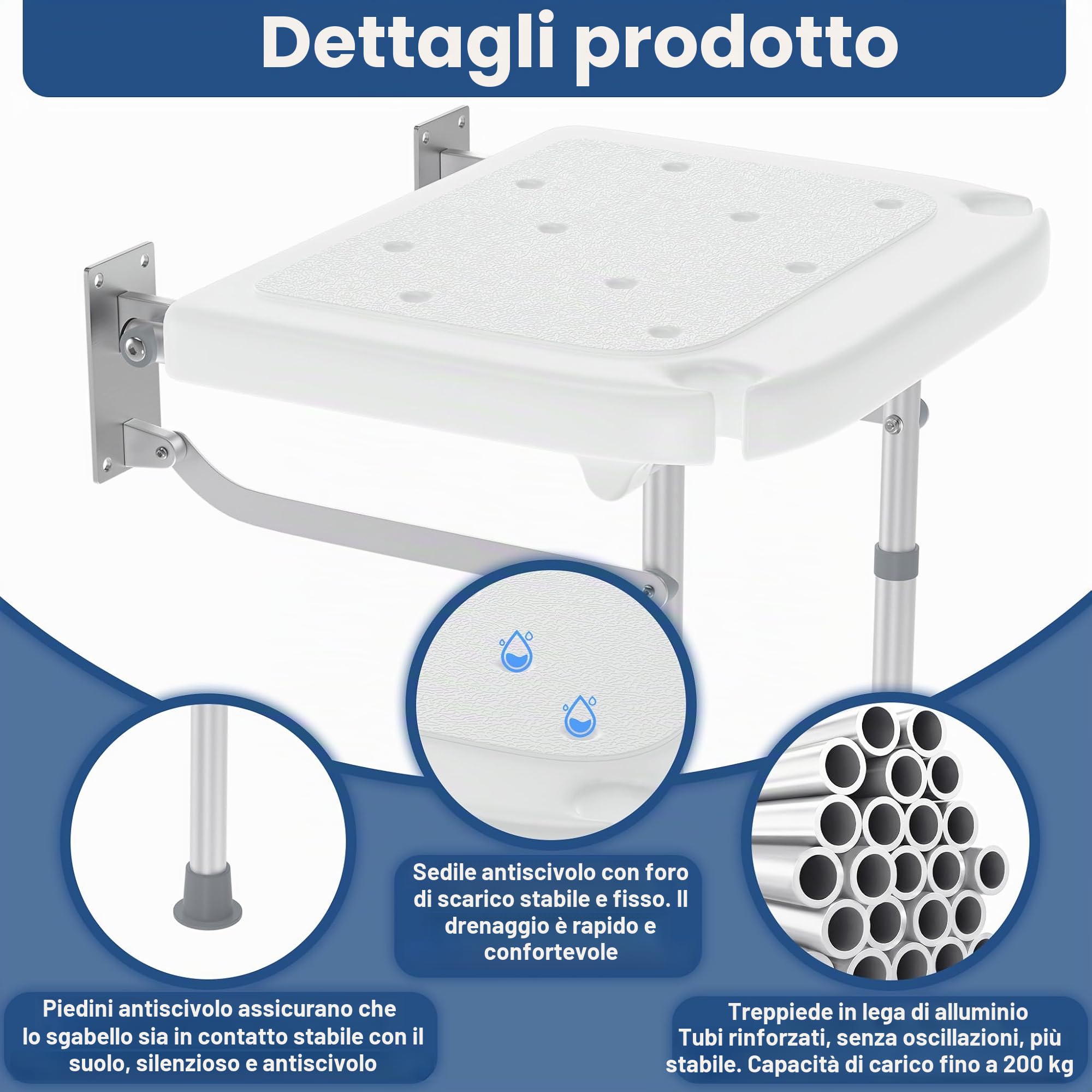 FIVMEN Sedia da doccia pieghevole a parete con gambe ribaltabili, regolabile in altezza, antiscivolo, portata fino a 200 kg