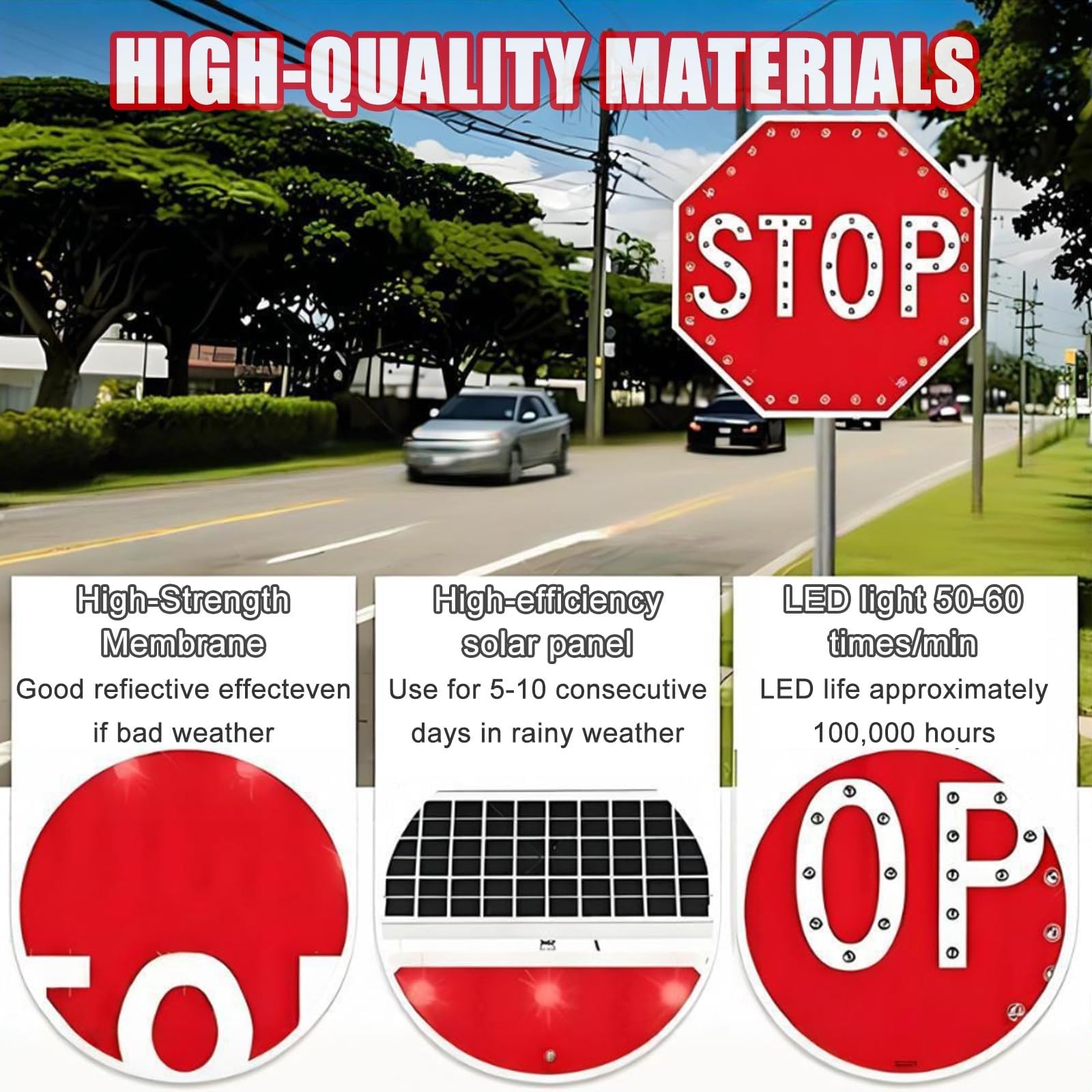 Seguridad Vial Señal De Stop, Señales De Alto Solares De 60x 60/80x80cm, Aluminio Inoxidable, Reflectante, Con Luces Solares Intermitentes, Control Inteligente Del Sensor De Luz(80 * 80cm/31.5in)