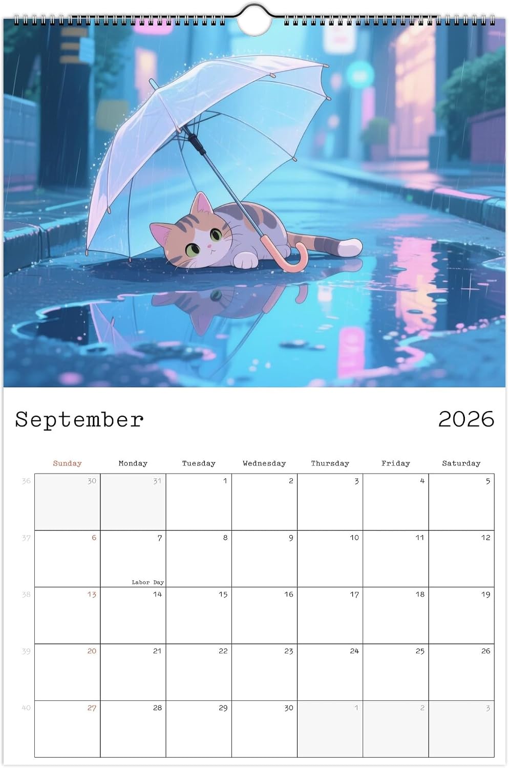 2026 Anime Cats Wall Calendar - 12 Months of Cute Cat Art, Kawaii Kitten Gift, Japanese Style Pet Calendar, 11" x 16.5" Vertical Hanging Calendar with Hook image 4