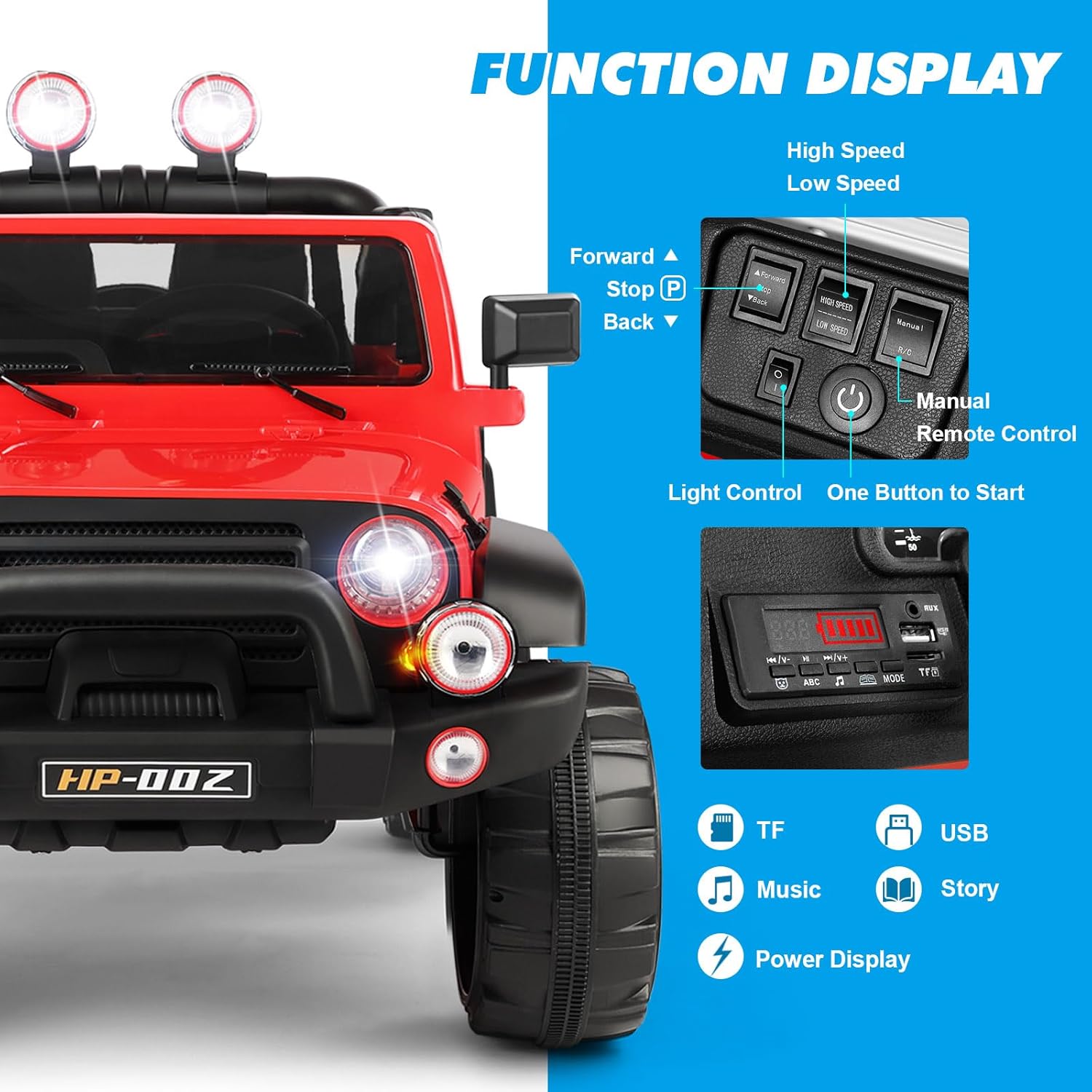 JOYLDIAS 2-Seater Ride On Truck and Car Cover, 12V7AH Battery Powered Toys Car for 2 Kids with Remote Control, Music, MP3, Bluetooth, LED Lights, 3 Speeds, Spring Suspension for Boys and Girls, Red