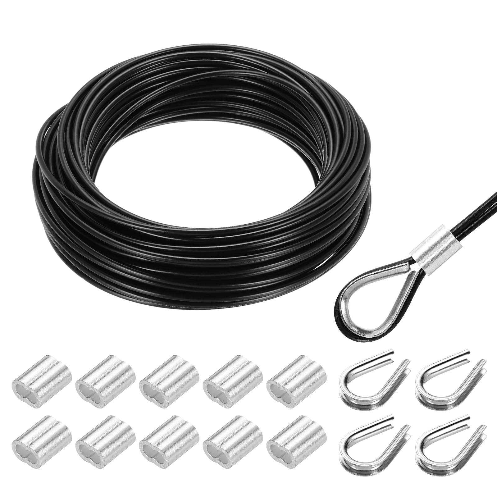 MECCANIXITY 66FT Stainless Steel Cable Railing Kit, 1/8" Vinyl Coated 7x7 Strand Wire Rope with Loop Sleeves and Thimbles for Outdoor Deck Fence Wire
