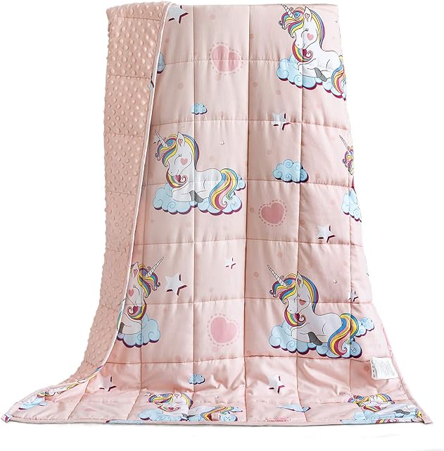 BUZIO Weighted Blanket 2.3 kg for Kids, Ultra Cozy Fleece Dotted and Cotton Sided with Cartoon Patterns, Heavy Blanket Great for Calming and Sleeping, 90x120 cm, Pink Unicorn