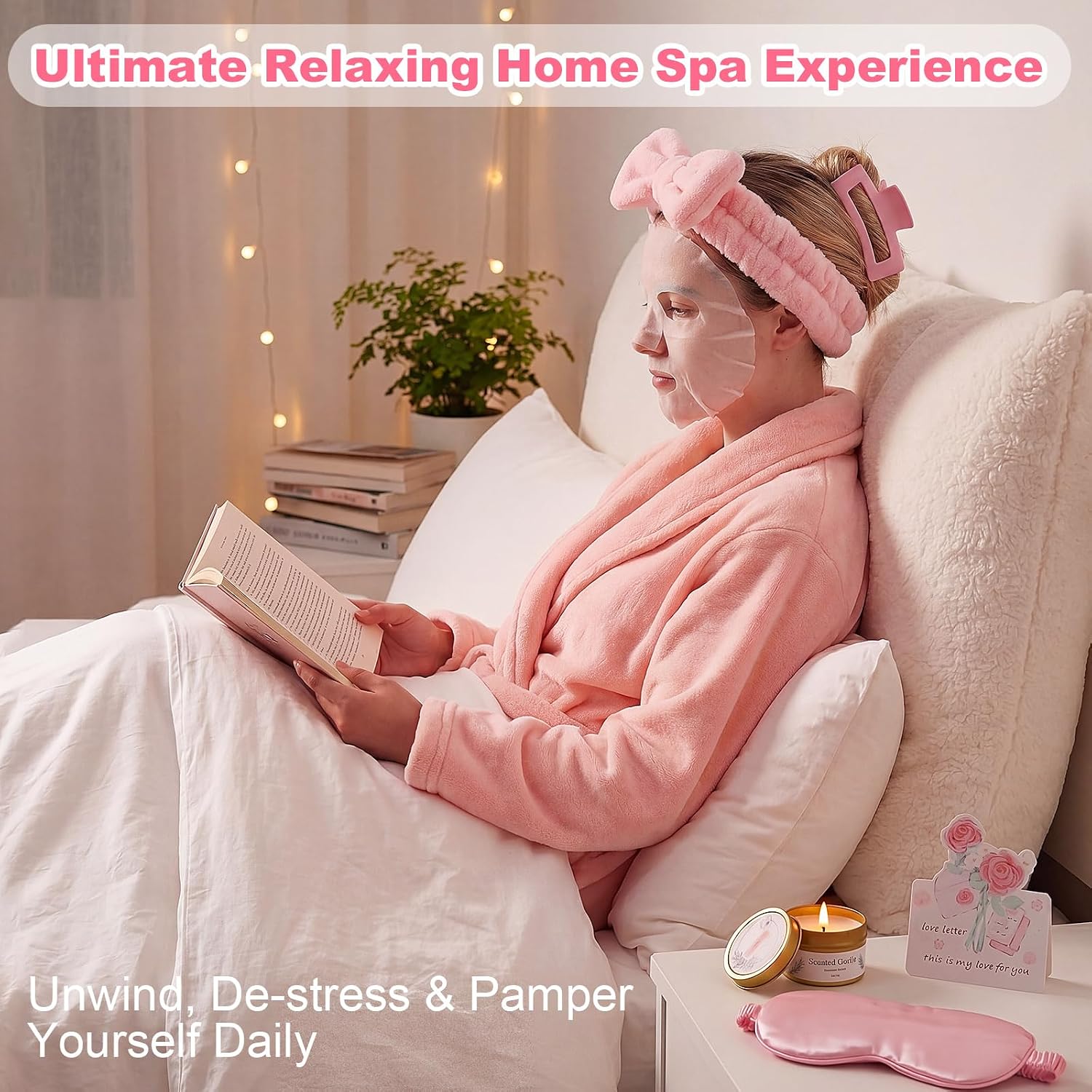 Patelai 11 Pcs Birthday Gifts Basket for Women, Spa Gift Set for Women, Spa Care Package with Bathrobe Sleep Mask Scented Candle Socks Headband and Accessories for Mom Wife Sister (Pink)