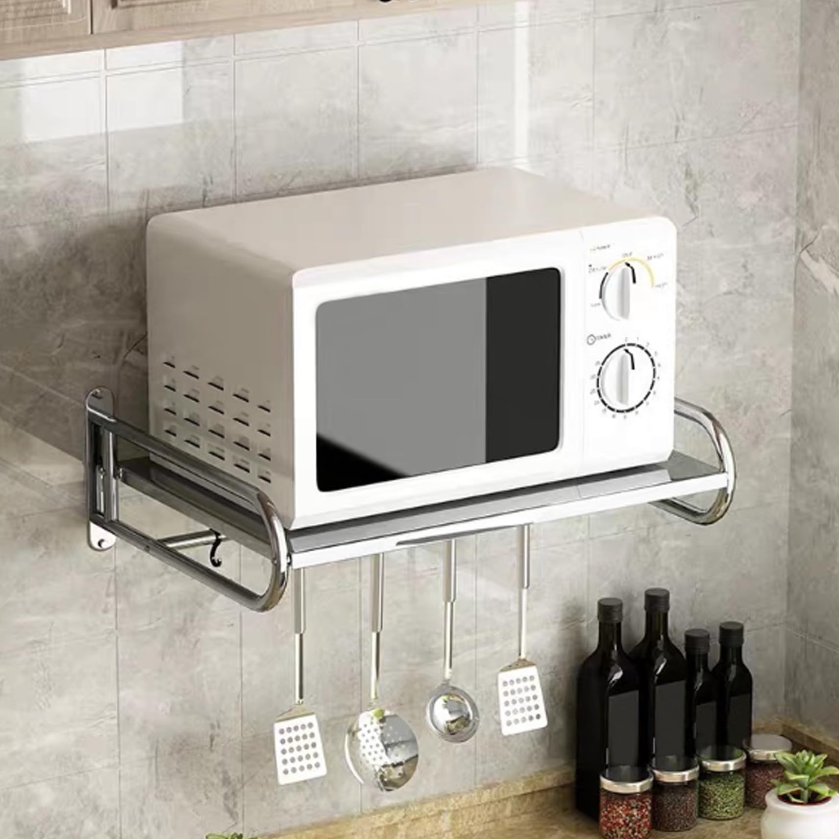 Etagère murale pour four à micro-ondes, 19.7"x14.4" Etagère murale pour four électrique Support mural pour micro-ondes en acier inoxydable Support pour four à micro-ondes avec crochets cuisine Maison