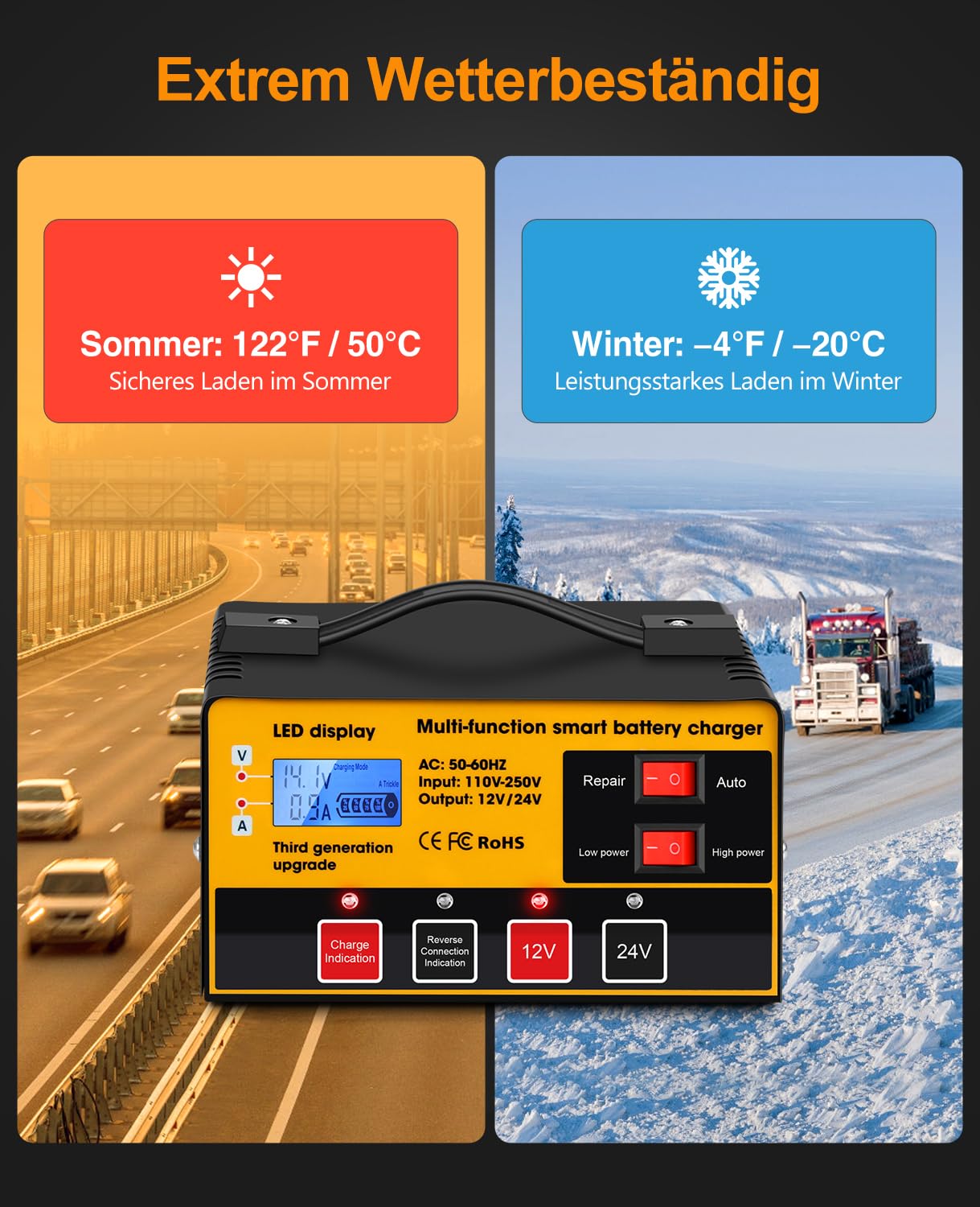 Chargeur de Batterie de Voiture 12V / 24V Chargeur de Batterie Intelligent Entièrement Automatique avec Fonction Réparation pour Les Batteries Plomb-Acide et LifePO4
