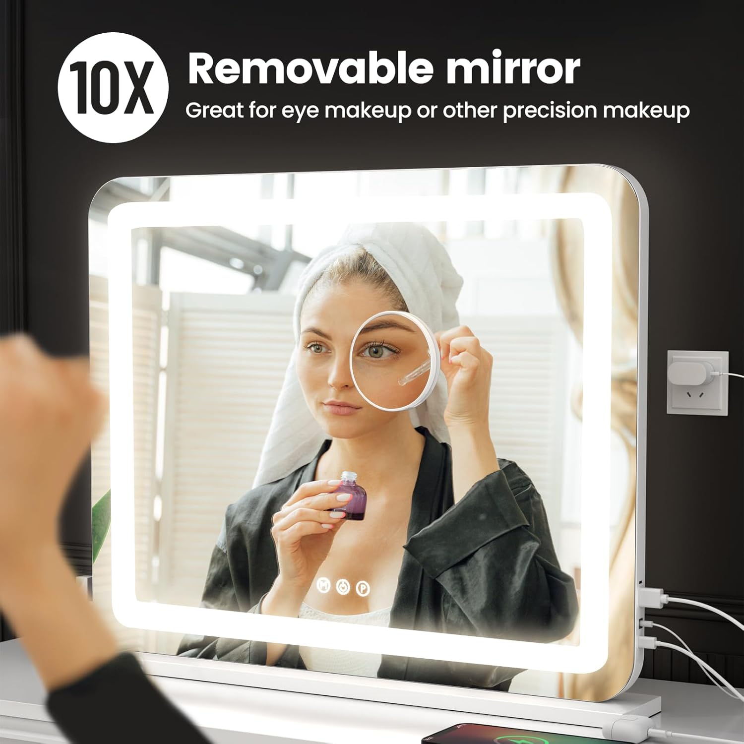 Vanity Mirror with Lights, 23"x 18" Large LED Lighted Mirror with Detachable 10X Magnification & 3 Colors Modes, and USB Charging Port for Vanity Desk Tabletop (White, 23 * 18)