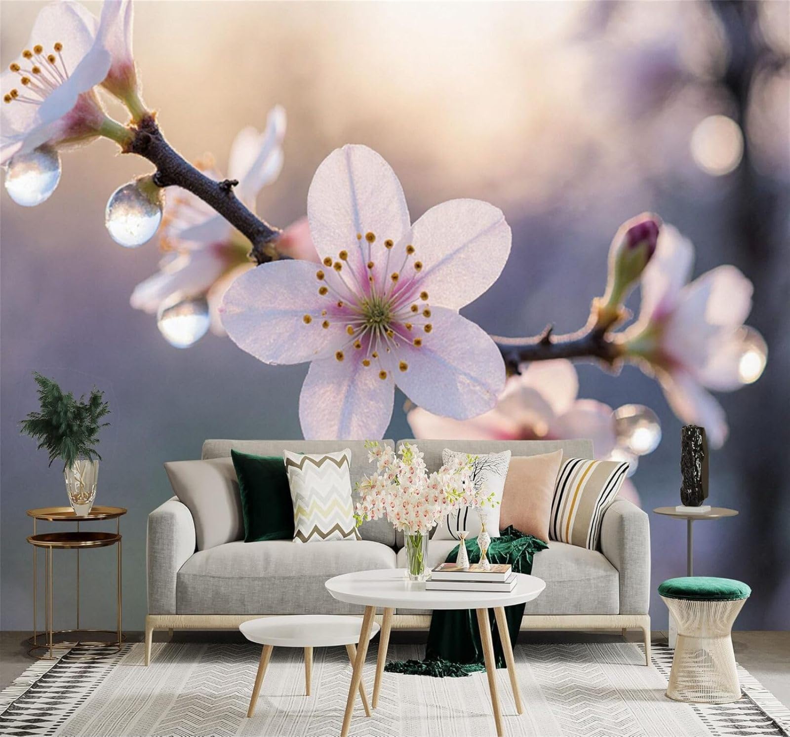XLMING Simple Beautiful Cherry Blossom Branches Dewdrops Soft Morning Light 3D Wallpaper Premium Textured Silk Study Dining Living Room Bedroom Sofa TV Wall Easy Install-250cm×170cm