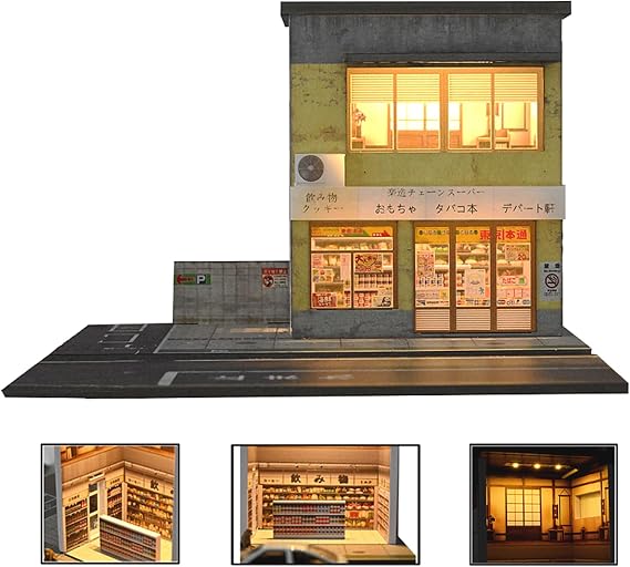 1:64 Diorama Garage Model, LED Lighting Parking Lot Scene Display, Japanese Repair Shop Model Cars Scene Display Case, Diecast Cars Display Storage (Two-Story Store)