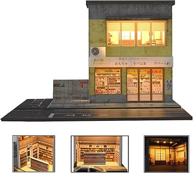 164 Diorama Garage Model, LED Lighting Parking Lot Scene Display, Japanese Repair Shop Model Cars Scene Display Case, Diecast Cars Display Storage Two-Story Store