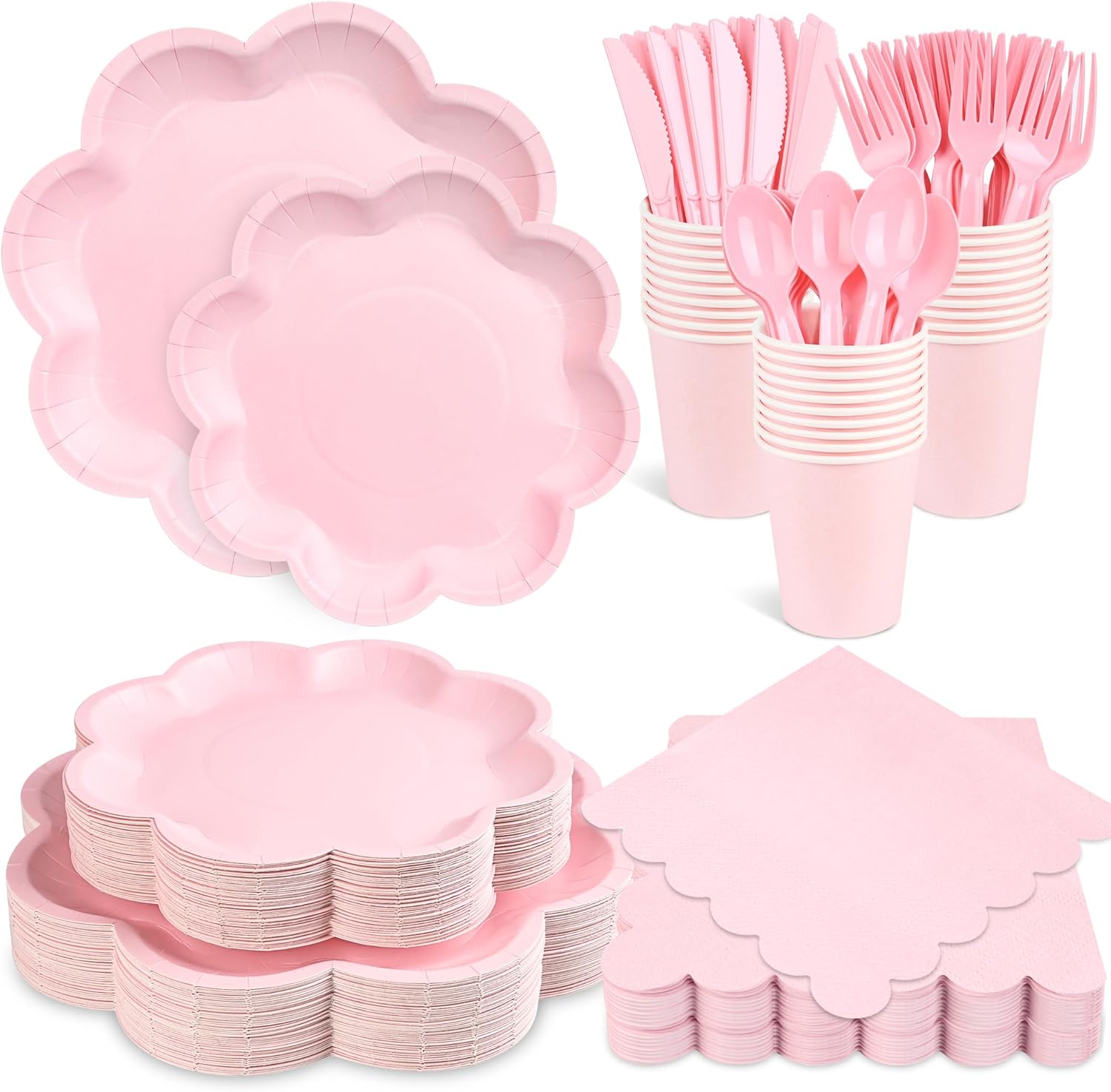 350 Pcs Pink Paper Plates and Napkins Set, 10" Dinner Plate, 8" Scalloped Dessert Plate, 9oz Cup & Plastic Cutlery, Pink Party Supplies for Baby Shower Mother's Day Wedding Birthday, Serve 50 Guests