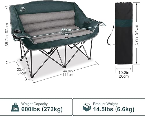Miniatura 3 de Sillas de campamento dobles plegables totalmente acolchadas, cómoda silla de césped de gran tamaño con soporte para copa de vino, soporte para