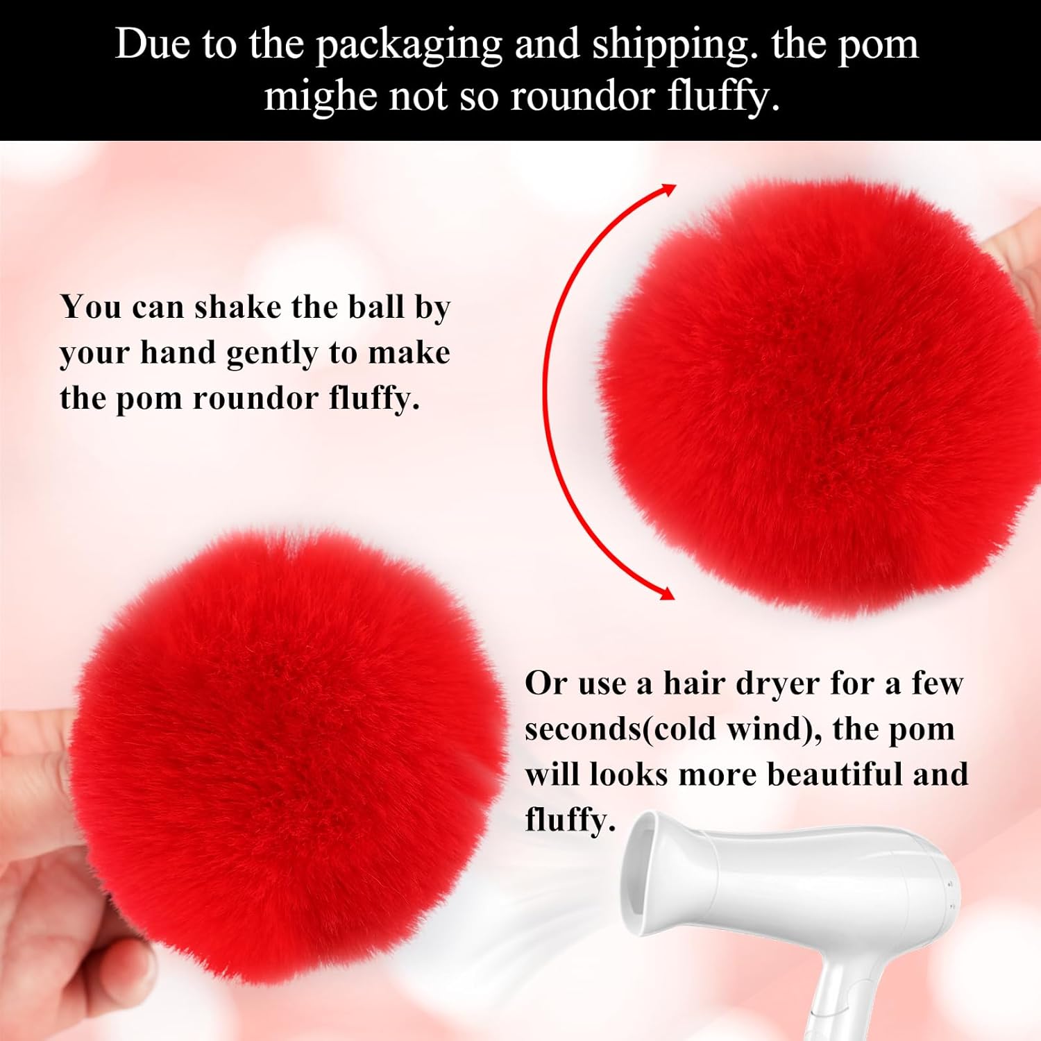 9Pcs Red Faux Fur Pom Pom Balls,3.15 Inch Soft Faux Rabbit Fur Pompoms with Elastic Loop,Round Fluffy Pompoms for DIY Keychain Hat Shoes Garment Hair Pins Earrings Wedding Accessories - Image 3