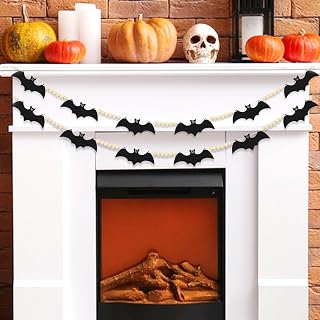 Halloween Felt Bats Garland, Wood Halloween Felt Bats Bead Garland Banner for Halloween Decor, Felt Bats Wood Bead Banner for Fireplace Mantel Decoration (2Pcs)