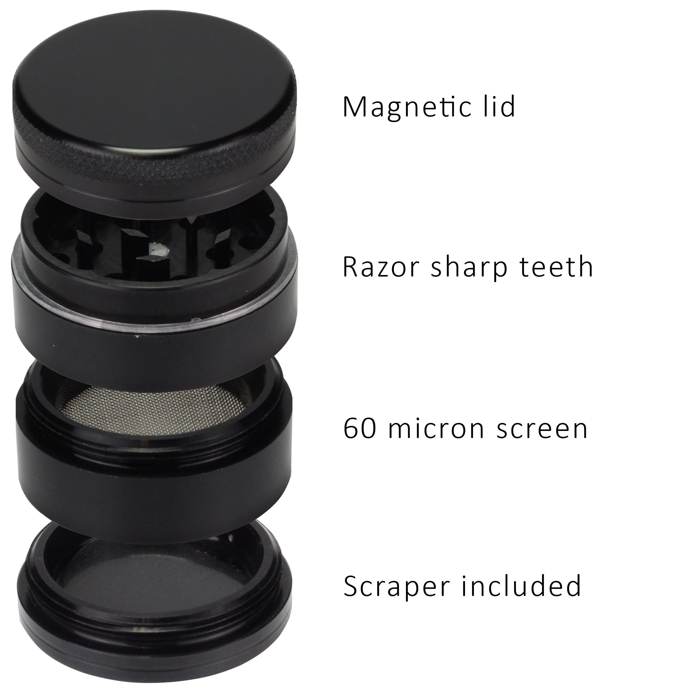 Grinder en Métal, Broyeur à Epices et à Condiments, 100% Aluminium, 4 Pièces, Noir, 40 mm