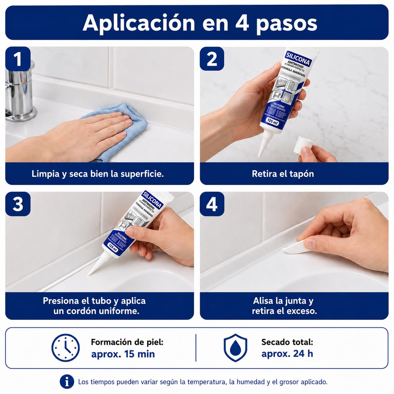 Silicona antimoho transparente 125 ml, pack de 12, baño y cocina
