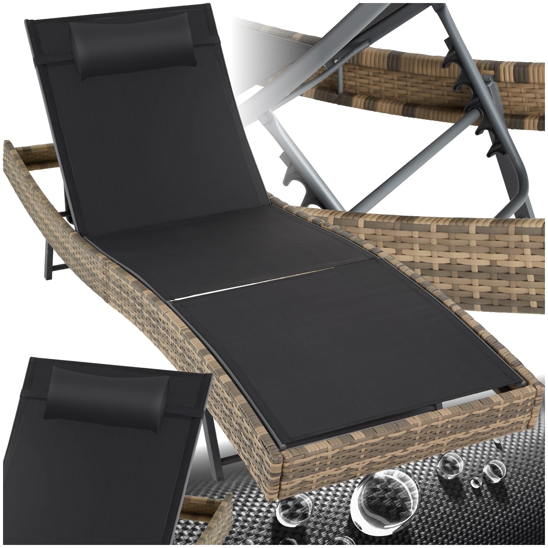 TecTake® Tumbona Plegable para Jardín, Estructura de Aluminio con Techo Solar, Ajustable, Resistente a Intemperie, Bolsillo Lateral, Tumbonas Jardin Exterior, Muebles Jardin Exterior - Natural