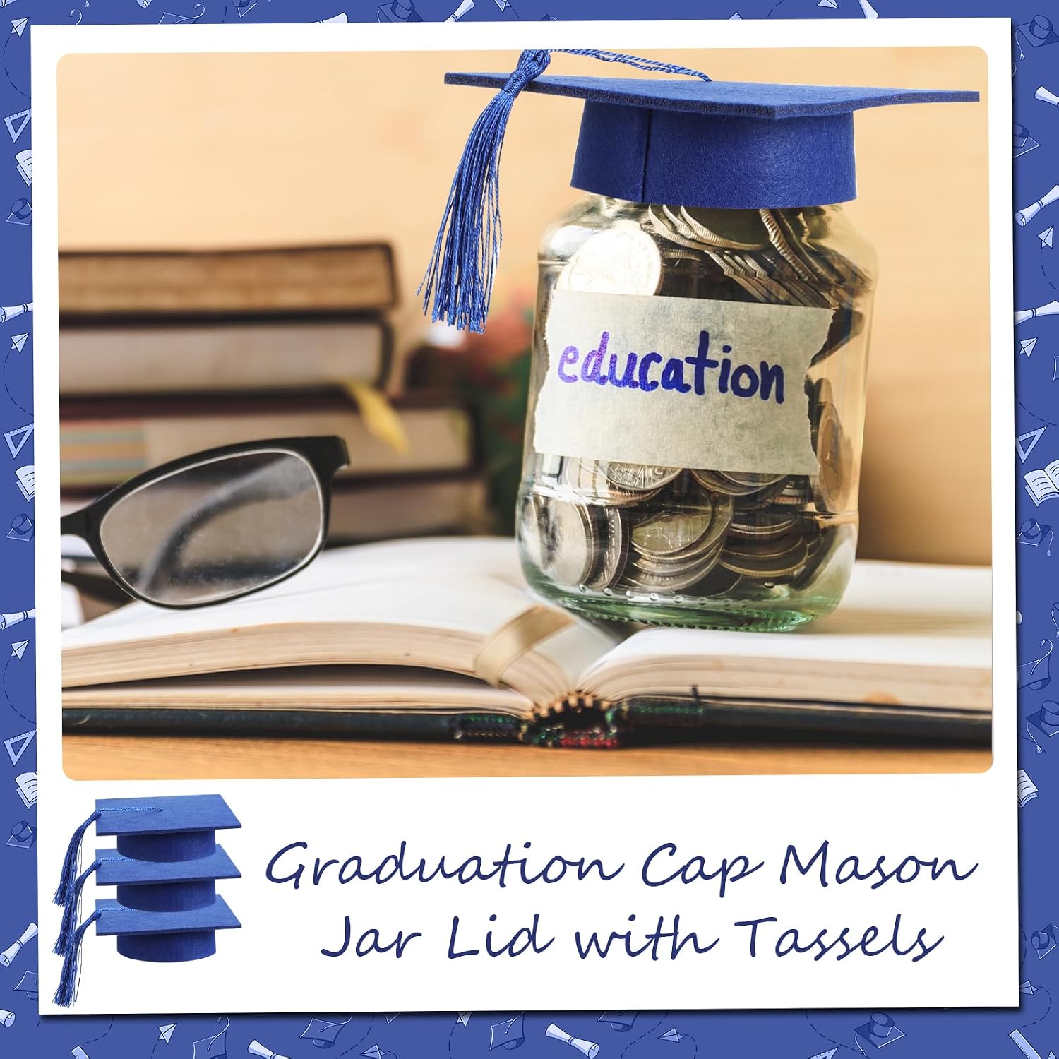 Mindsoft 48 Pcs 2026 Graduation Cap Decorations Mason Jar Lid with Tassels 4.2 Inch Grad Hat Large Mason Can Toppers for 2026 Graduation Party Supplies Table (Blue Hat with Blue Tassels)