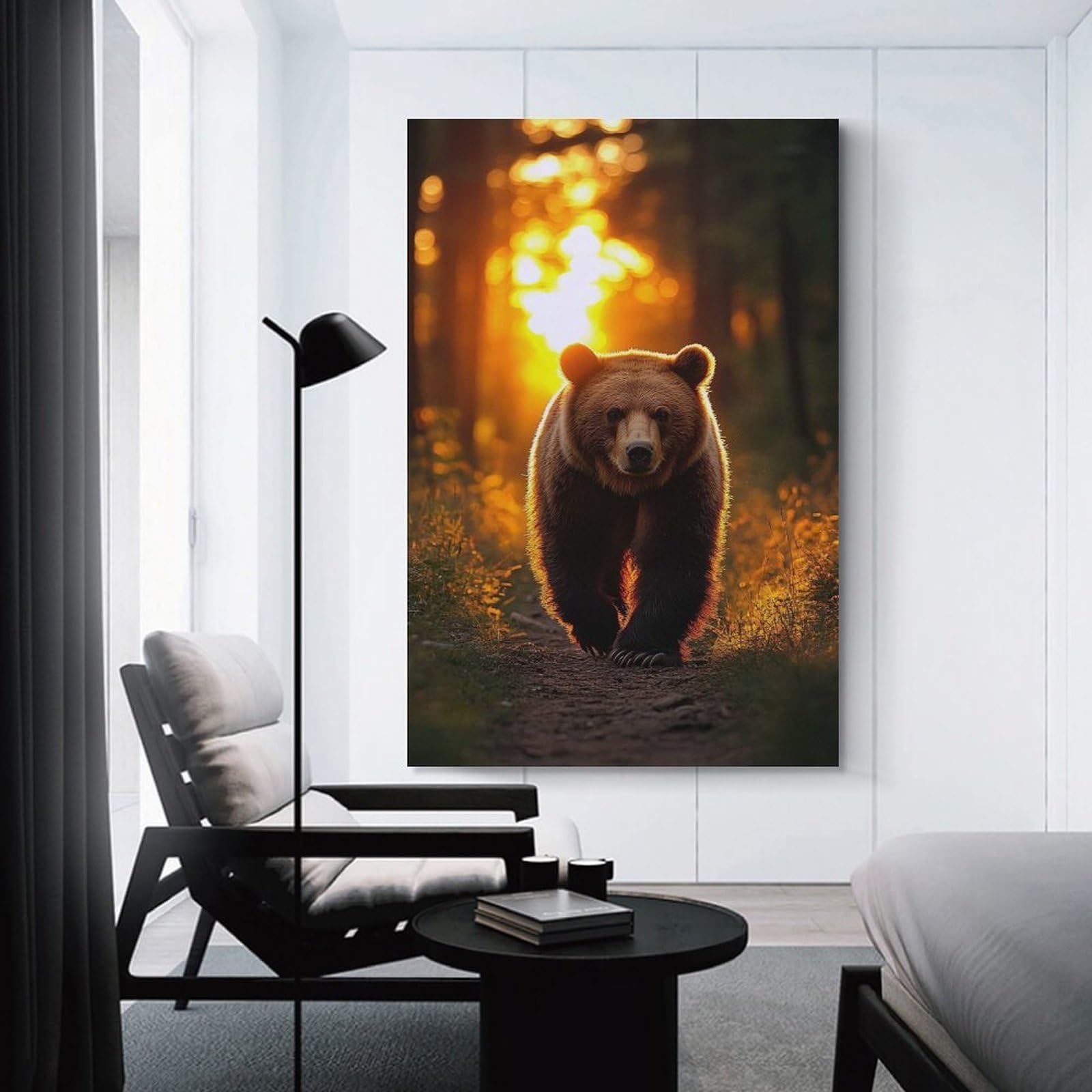 Junmoney Unframe-Style-5 Bear Walking In Forest At Sunset Room Decor Wall Art 24X36inch(60X90cm), For Lounge Decor, Offices Or Entryway Styling, A Flexible Wall Accent For Shared Spaces