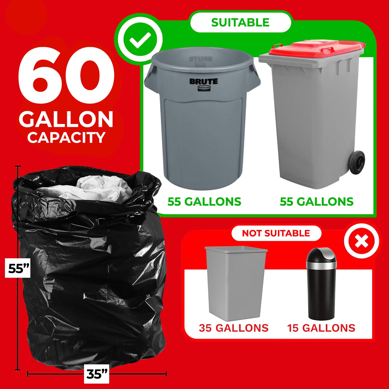 ToughBag Bolsas de basura de 55 galones, bolsas de basura negras de 35 x 55 pulgadas (30 unidades) – Bolsas de contratista resistentes de 2 mil para construcción, al aire libre, residuos industriales,