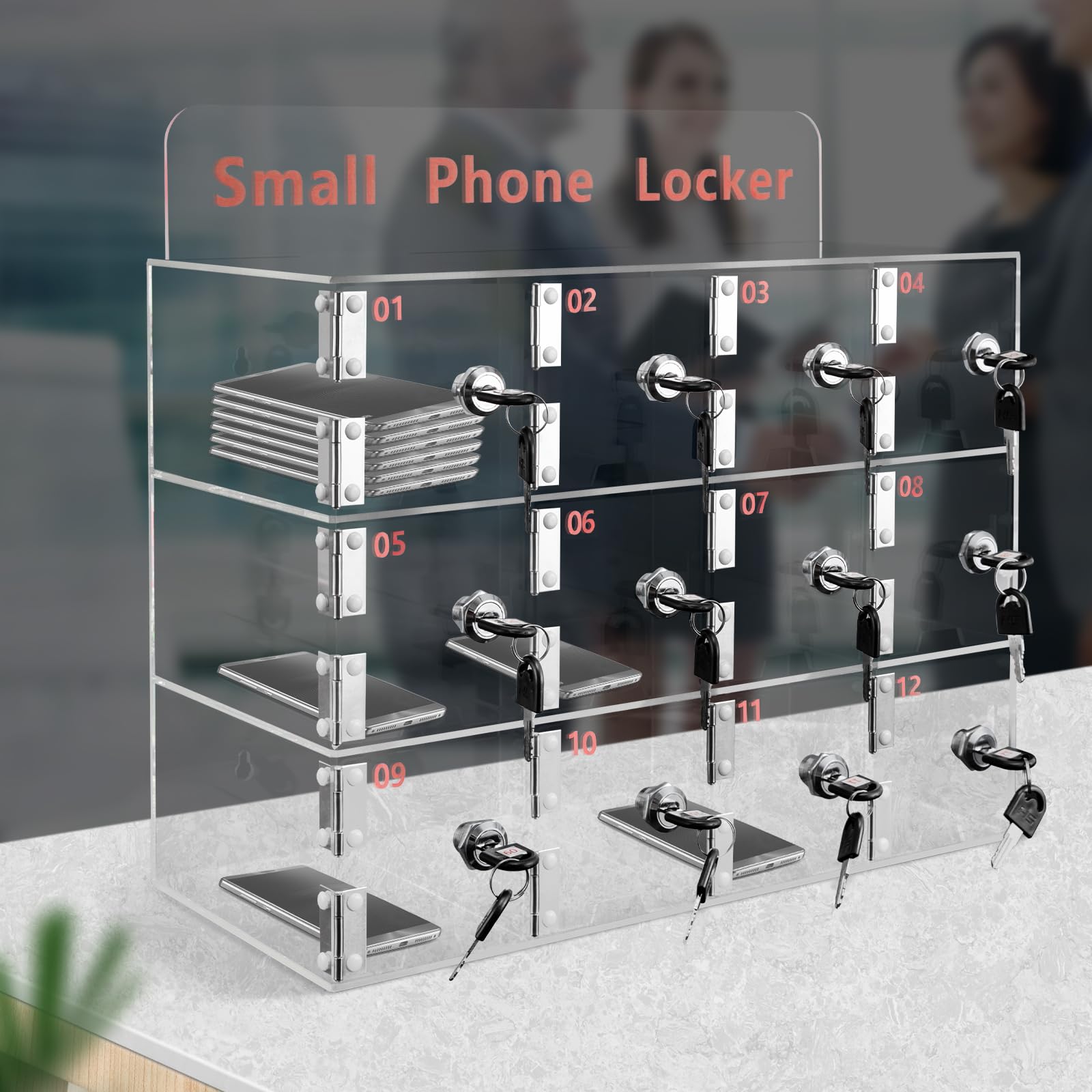 Acrylic Cell Phone Locker Box 12 Slots, Clear Cell Phone Locker Box with Charging Port & Coil Keys, Wall-Mounted Cell Phones Storage Cabinet for Classroom, Gym, Dance Room