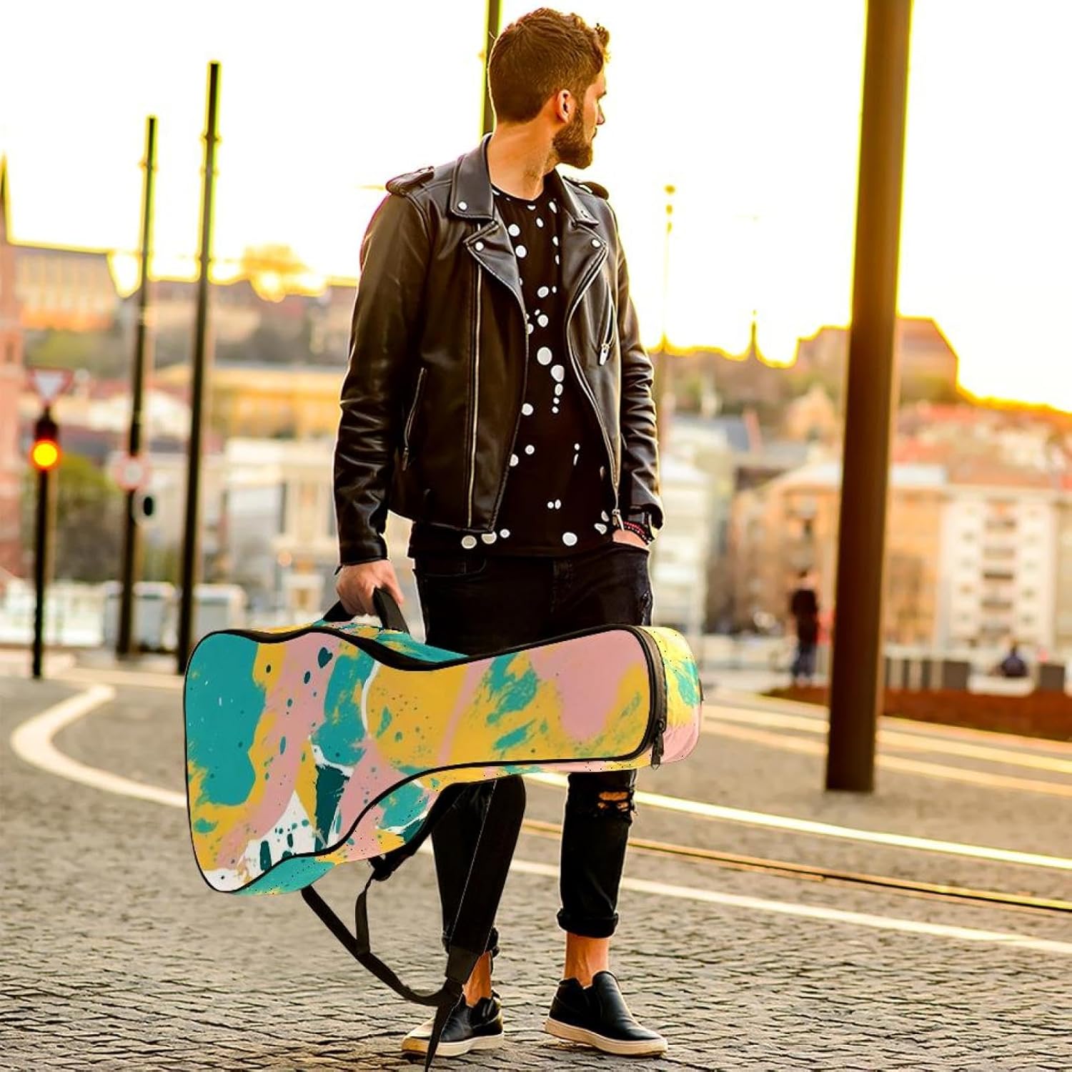 Abstract Art Guitar Bag 40 41 42 In 2 Pockets Guitar Case Waterproof Guitar Case Resistent Oxford Cloth 0.4 In Extra Thick Sponge Padded for Acoustic Guitar