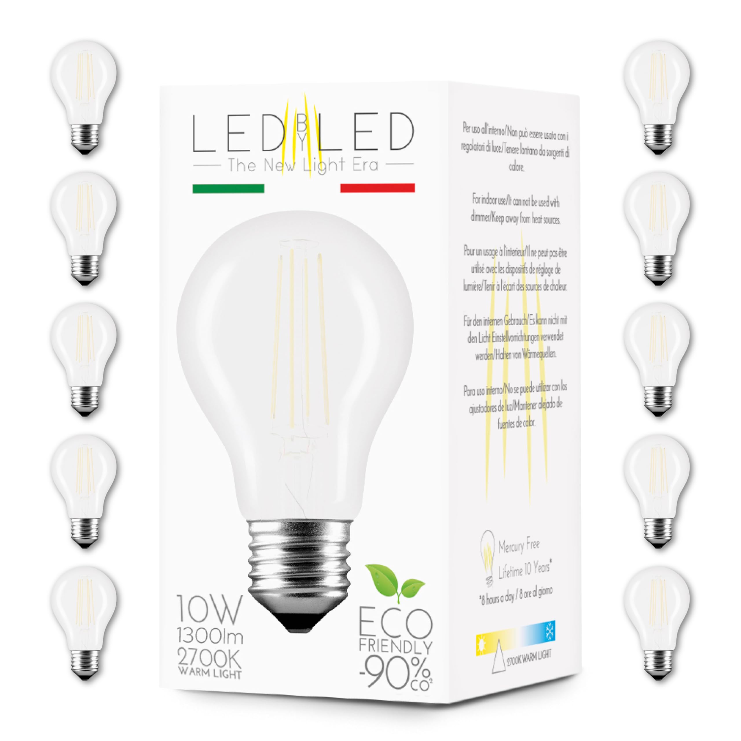Tropfenförmige Glühbirne 10 W entspricht 100 W, E27, mattiertes Glas, 2700 K warmes Licht, gerader LED-Glühfaden, 1300 Lumen, 10er-Pack