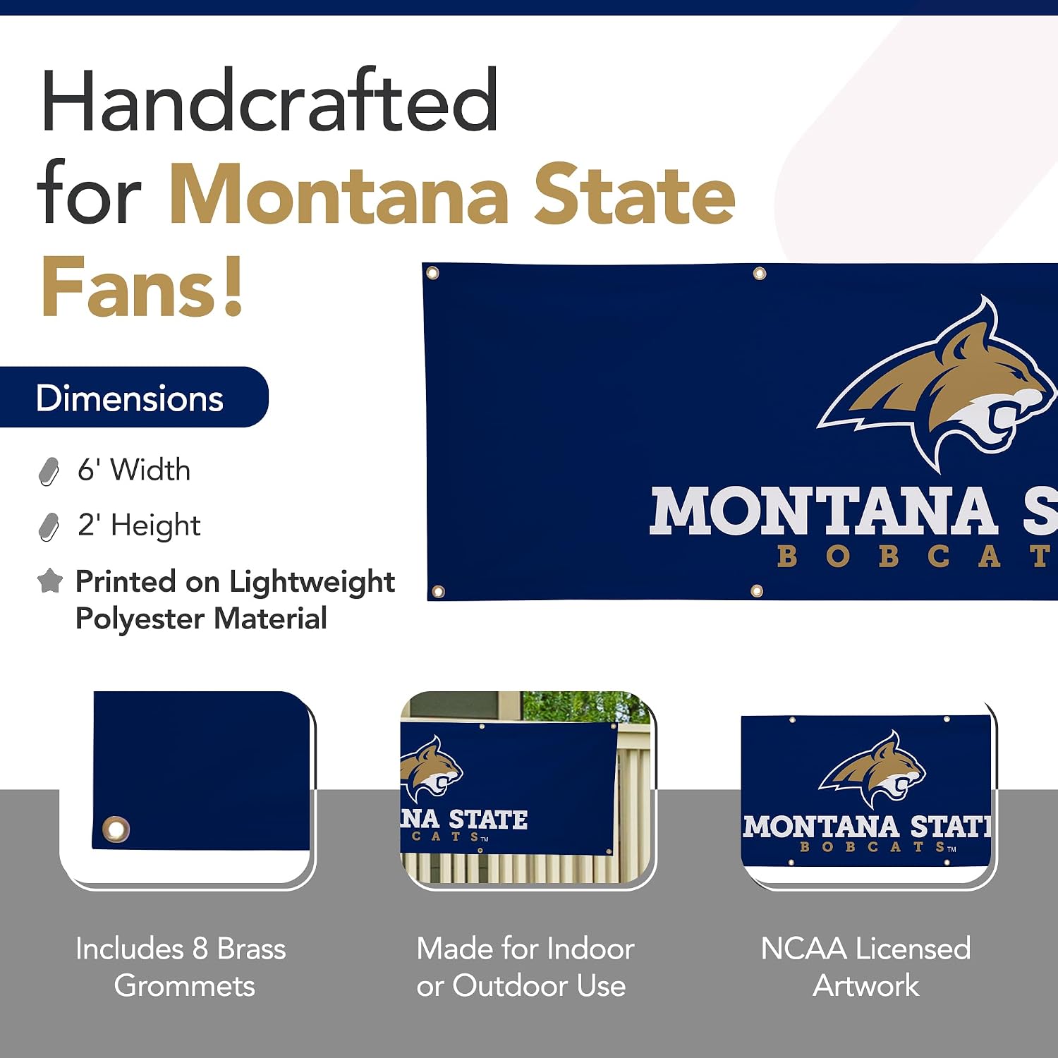 Montana State Bobcats College Sports Printed Polyester Banner - NCAA Licensed - Hanging Graduation Decoration - School Banner (Navy Blue, White) (2' x 6')