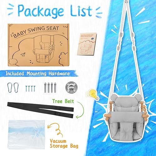 Miniatura 5 de Columpio para bebé para interiores y exteriores, asiento de columpio de madera de lona segura, arnés de seguridad ajustable de 3 puntos, accesorios