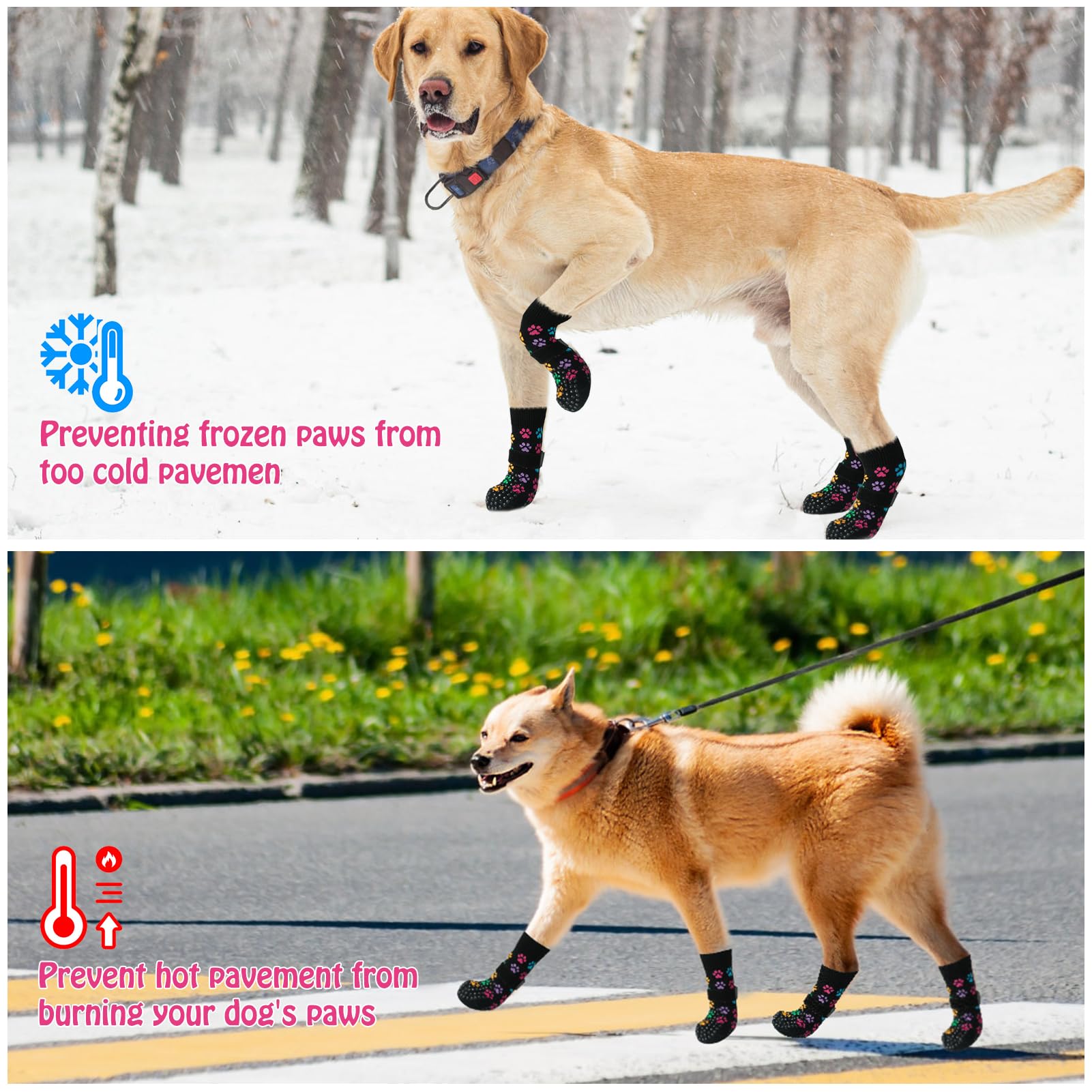 SCENEREAL Lot de 4 paires de chaussettes antidérapantes pour chiens de petite, moyenne et grande taille, protections de pattes avec pinces pour chiens âgés, chaussures pour chiens pour sols en bois