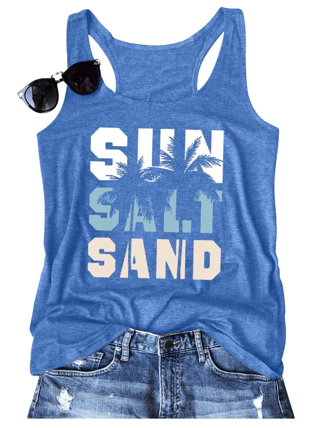 Women Vintage Beach Graphic Racerback Tank Top Summer Vacation Hawaiian Sunset Sun Sand Sleeveless Basic-Fit Shirt Cami
