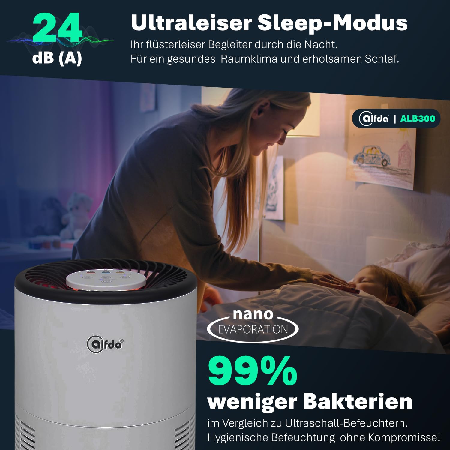 alfda ALB300 Luftbefeuchter bis 44 m² 2,8 L Tank | Leise 24 dB, Kaltverdunstung mit antibakteriellem Filter, Automatikmodus mit Sensor