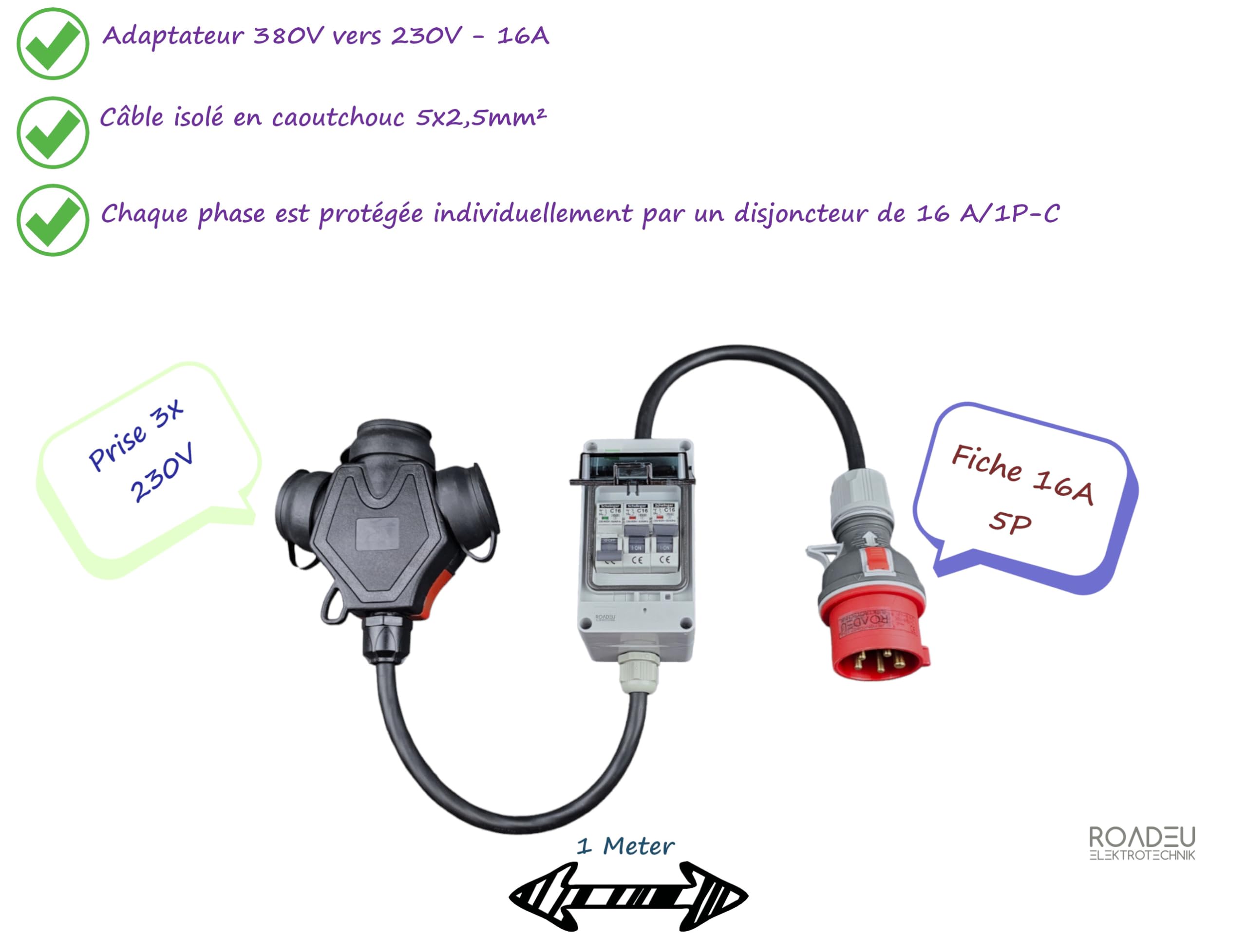 RoadEu - Cordon Adaptateur, Rallonge 1m - Fiche d'alimentation 16A 3P+N+E vers Triple Prise 2P+E 230V, Disjoncteurs C 16A 1P - Câble en Caoutchouc,
