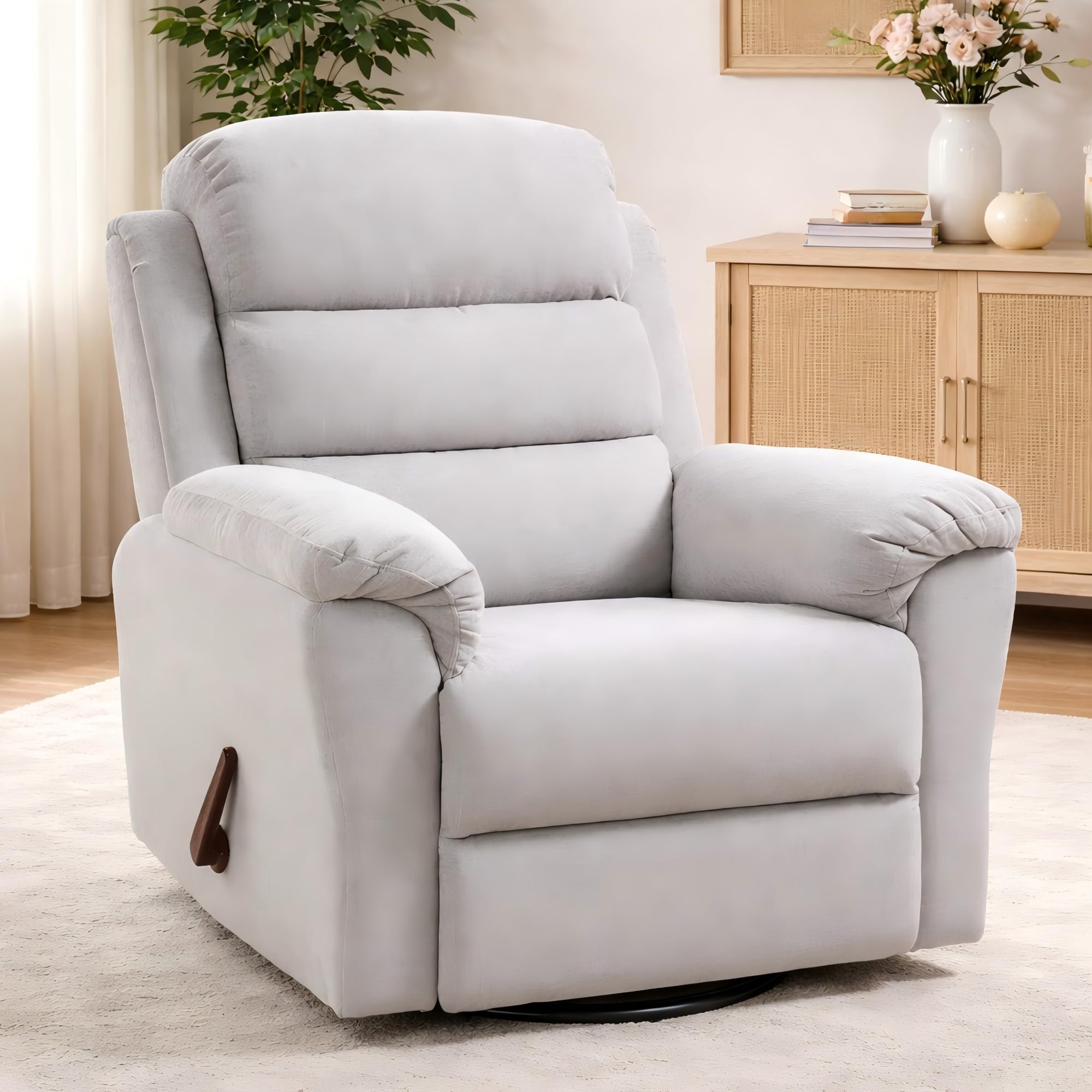 FlexiSpot FLEXISPOT Souffle Swivel Rocker Recliner Chair for Adults, Nursery Rocking Glider Chair with Massage & Heat, FSC Wood Frame, Manual Recliner for Living Room, Nursery & Relaxation, Light Grey