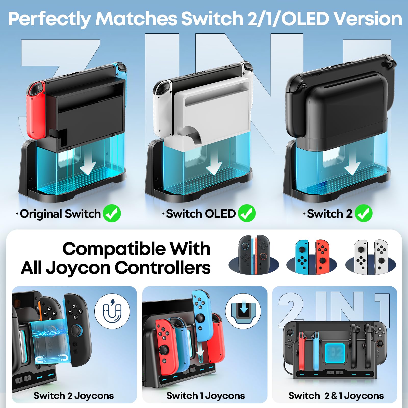 Base de Carga para Mandos Switch 2/SW/OLED, Cargador Joy-con para 4 Mandos NS, Magnética Soporte para Consola Switch, Accesorio Nintendo Switch con 9 Modos RGB & Cable de Carga