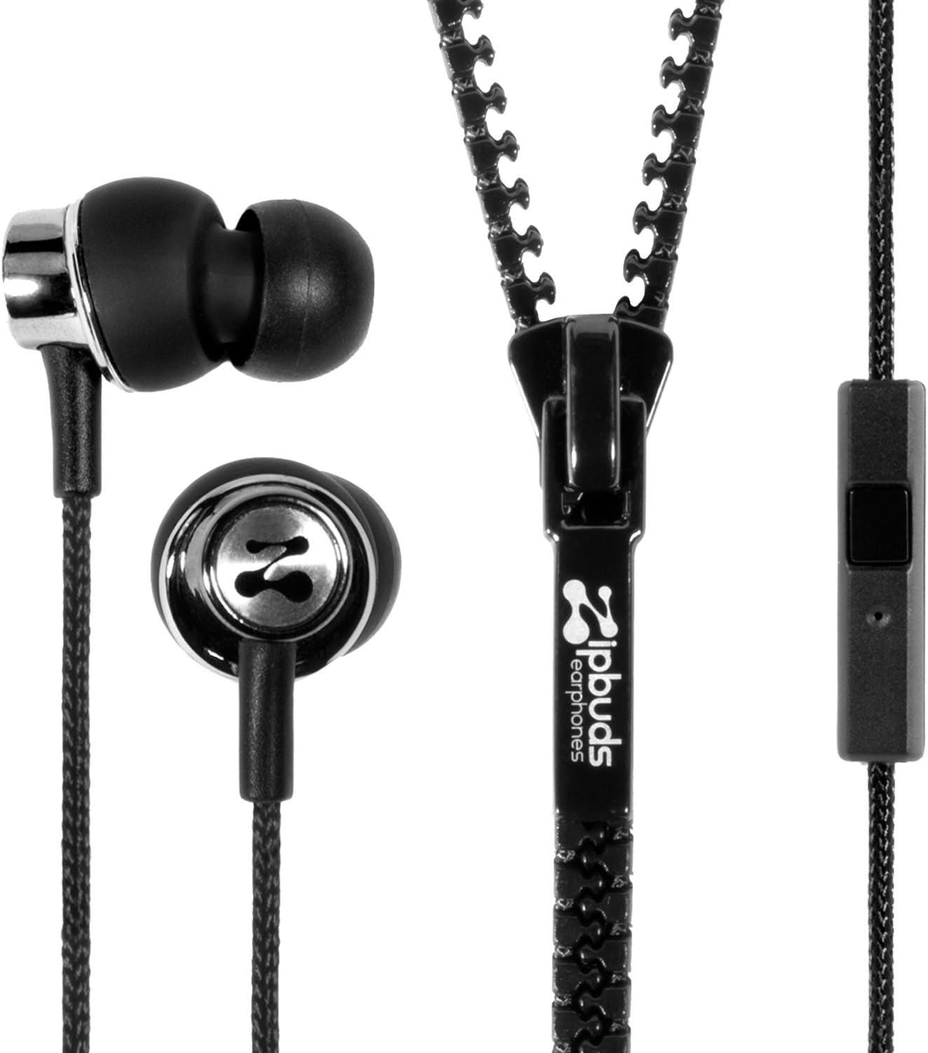Zipbuds PRO mic Never Tangle Zipper Earbuds with Noise Canceling Mic/Remote, Black