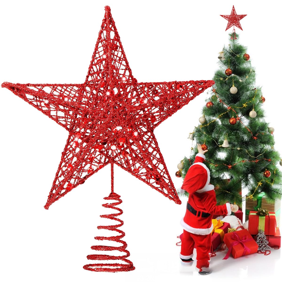 HONGECB Arbre Noël Sapin Treetop De Topper, Étoile De Noël Arbre Topper Décoration, Topper Sapin De Noel Étoile, Pointe De Sapin De Noël En Forme D' étoile à Paillettes, 20cm, Rouge