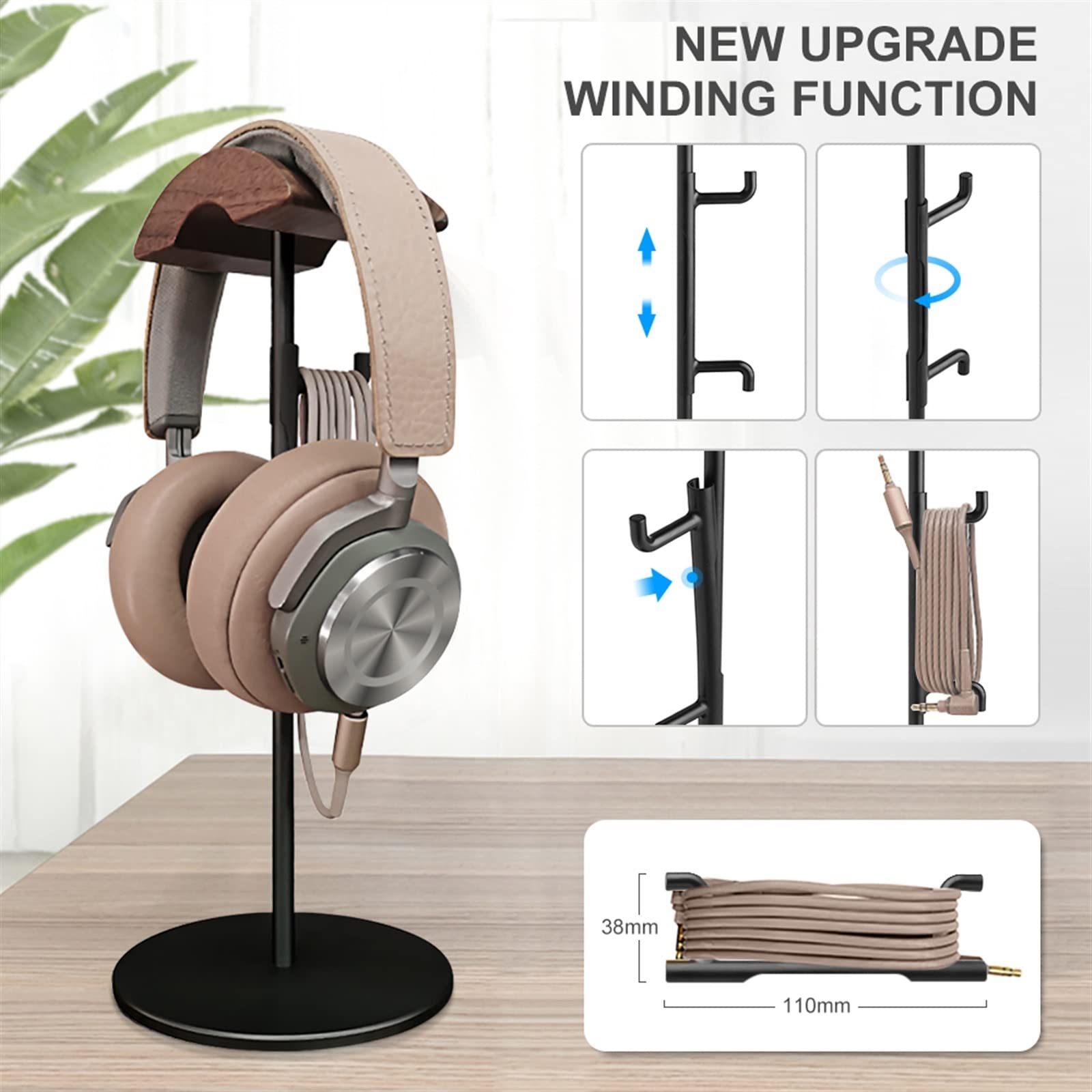 Soporte para auriculares Percha Soporte for auriculares de madera de nogal y aluminio, soporte for auriculares for juegos de nogal natural con base sólida y pesada for exhibición de escritorio de mesa