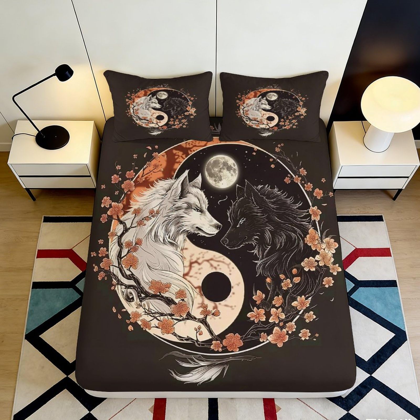 3D Printed Wolf Yin Yang Fitted Sheet Microfiber Deep Pocket Non-Slip Bedding Wolf Mattress Fitted Cover Washable Elastic Hem 140x200x25cm